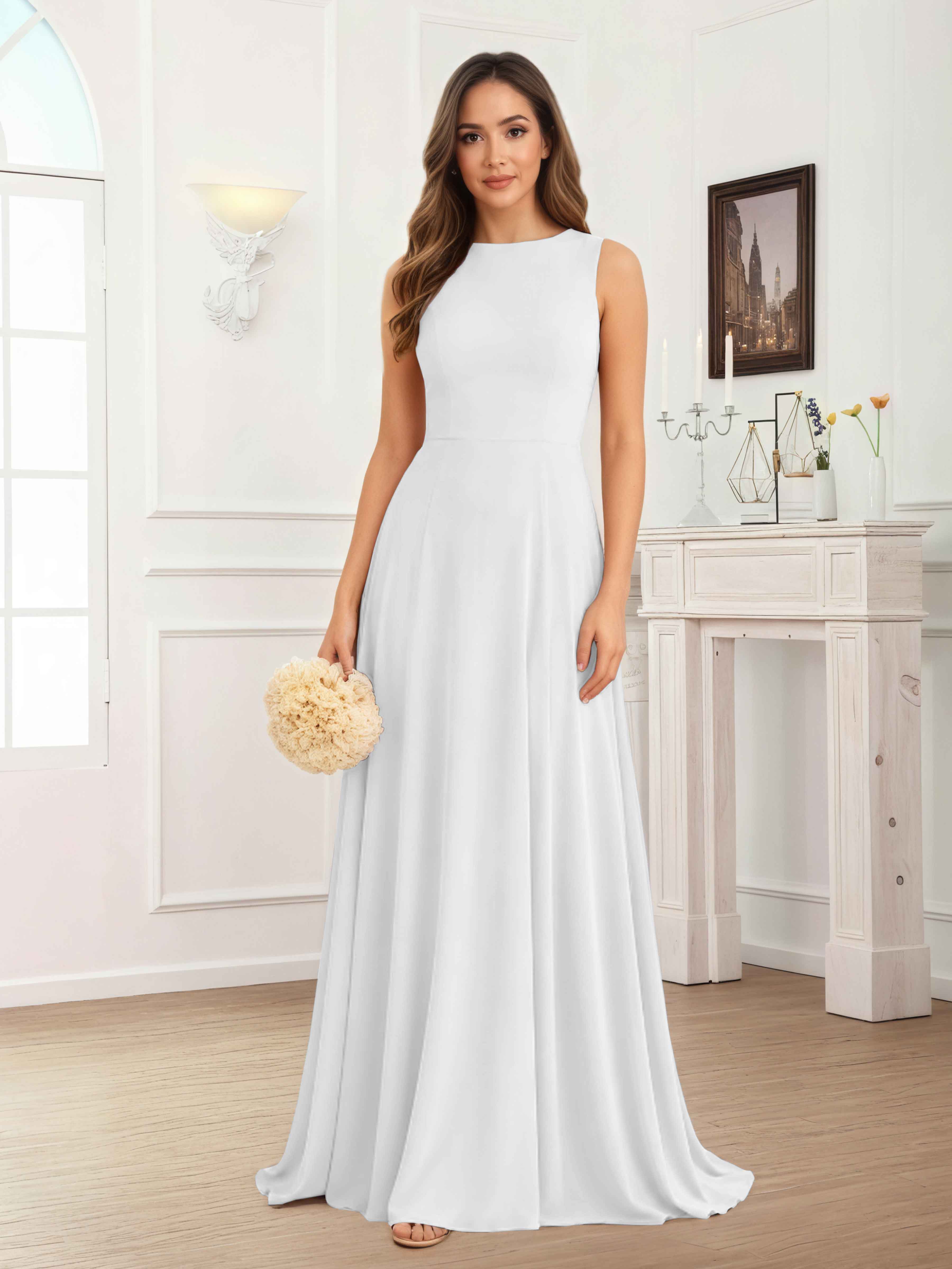 Fraelithra Modest Scoop A-Line Sleeveless Long Bridesmaid Dresses