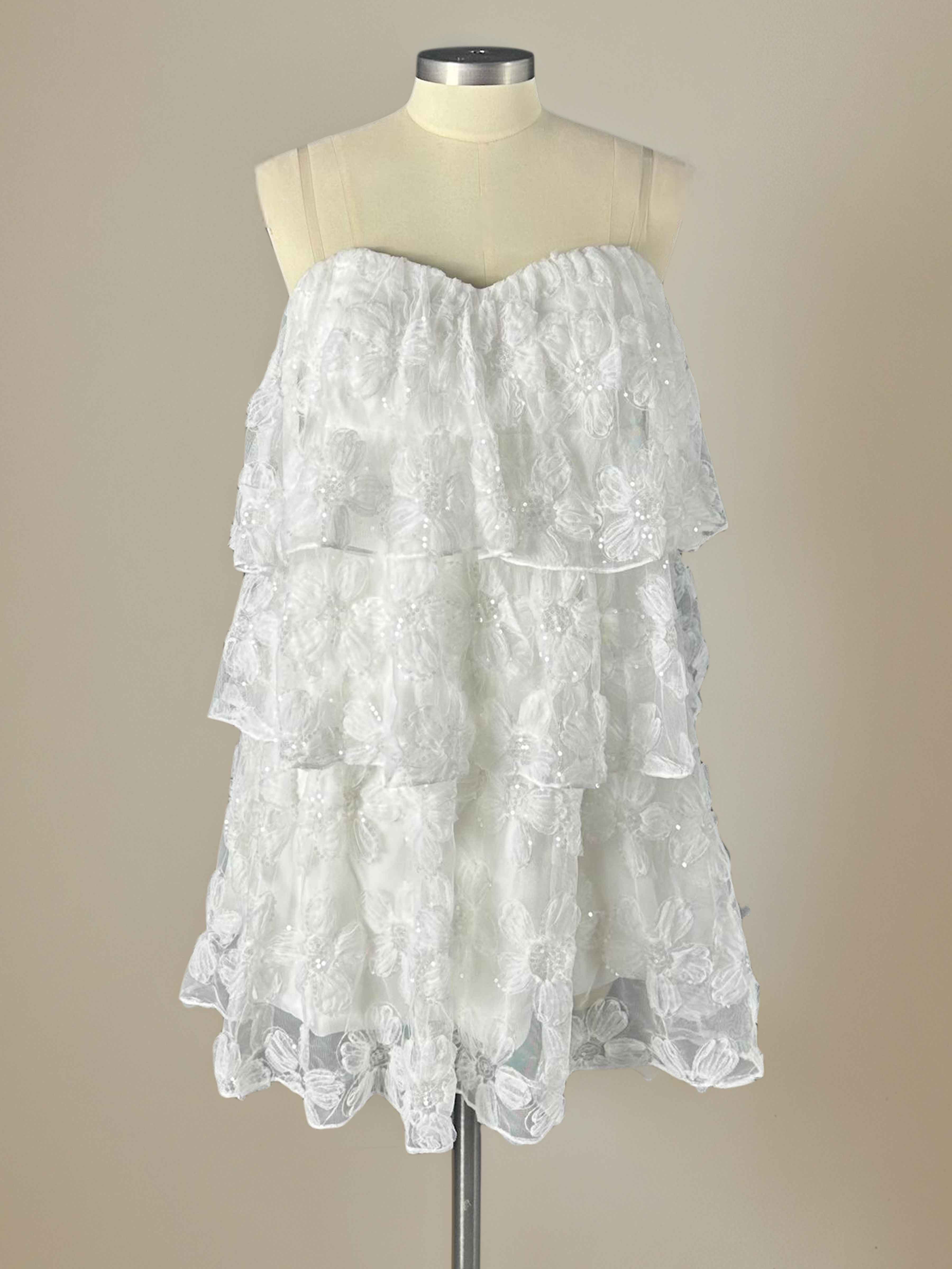 White A-Line Strapless Tiered Floral Sequin Mini Dress