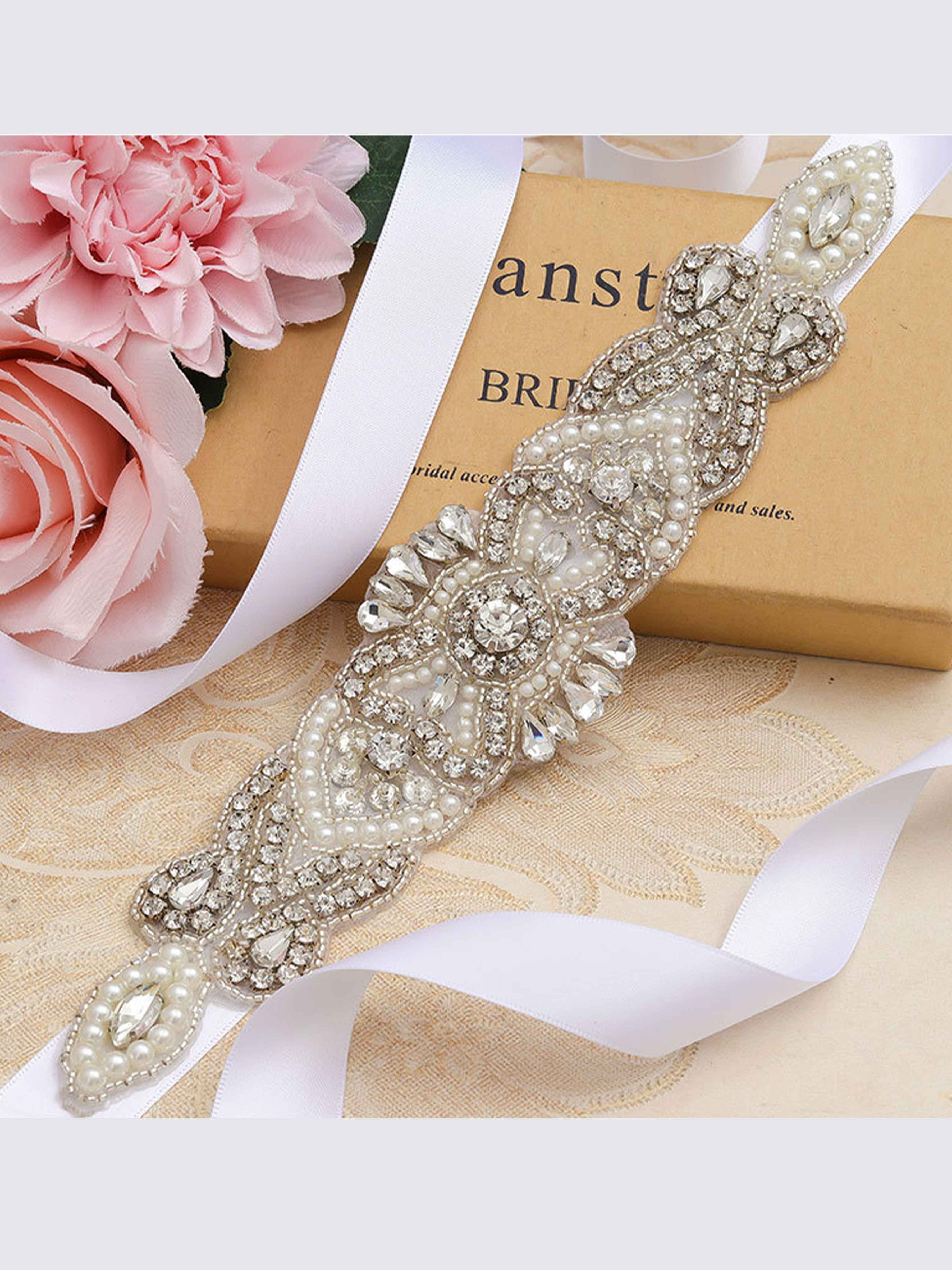 Vintage Crystal Pearl Waistband, Luxurious Ribbon Sash Belt