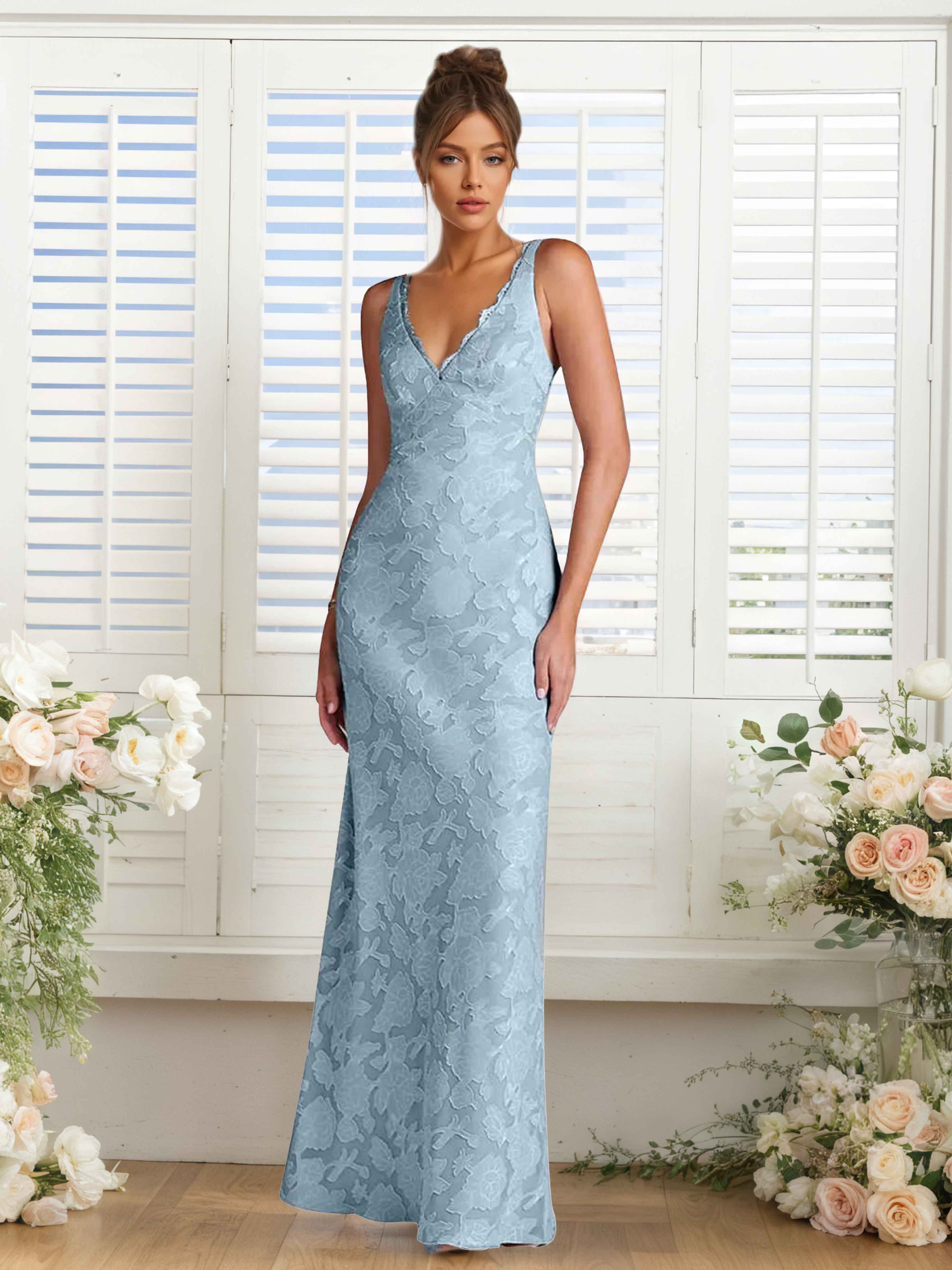 Yaelith Modern V Neck Floor Length Floral Lace Formal Dresses