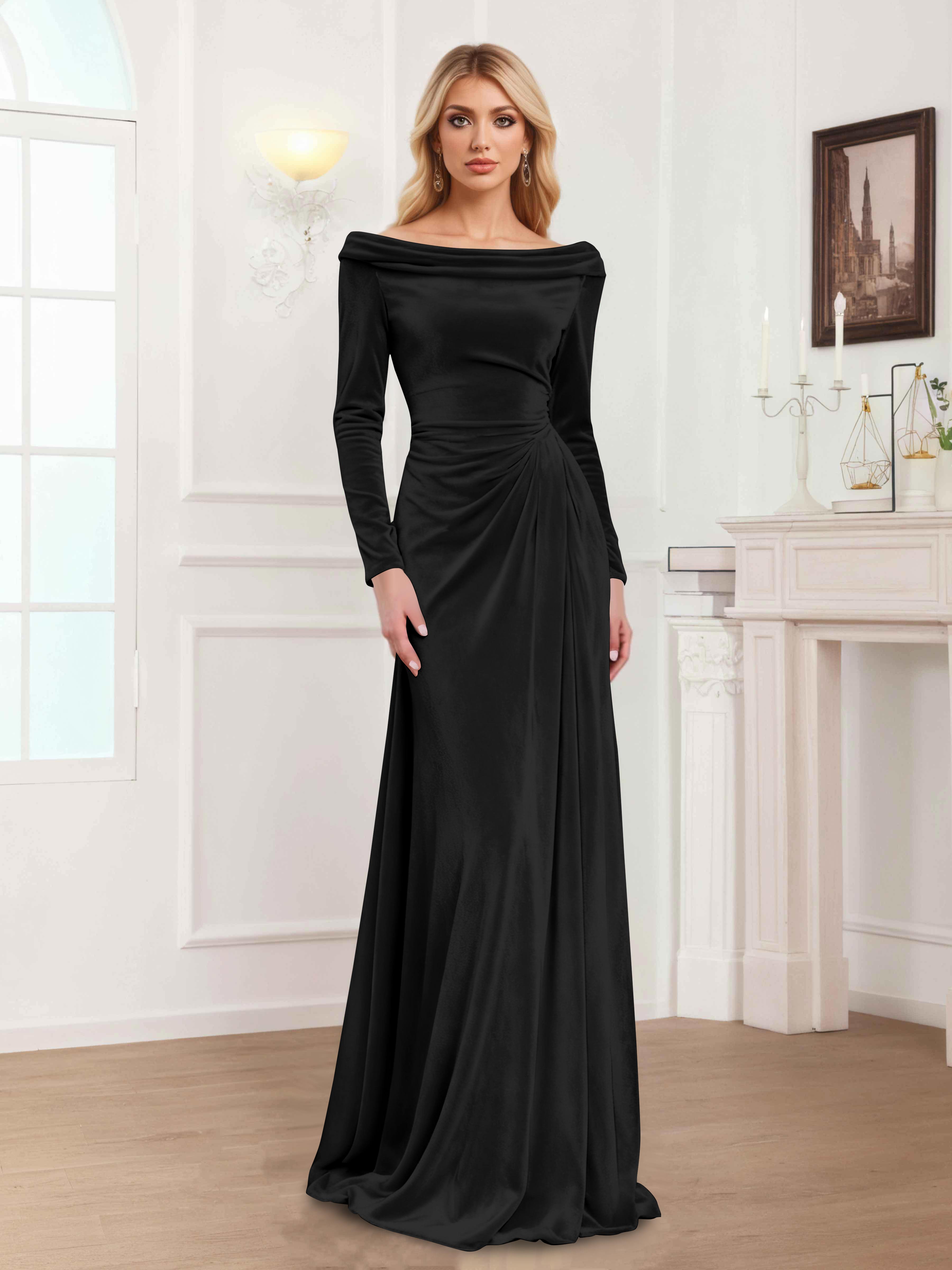 Zanna Modern Long Sleeves Ruched Long Velvet Mother Of The Bride Dresses