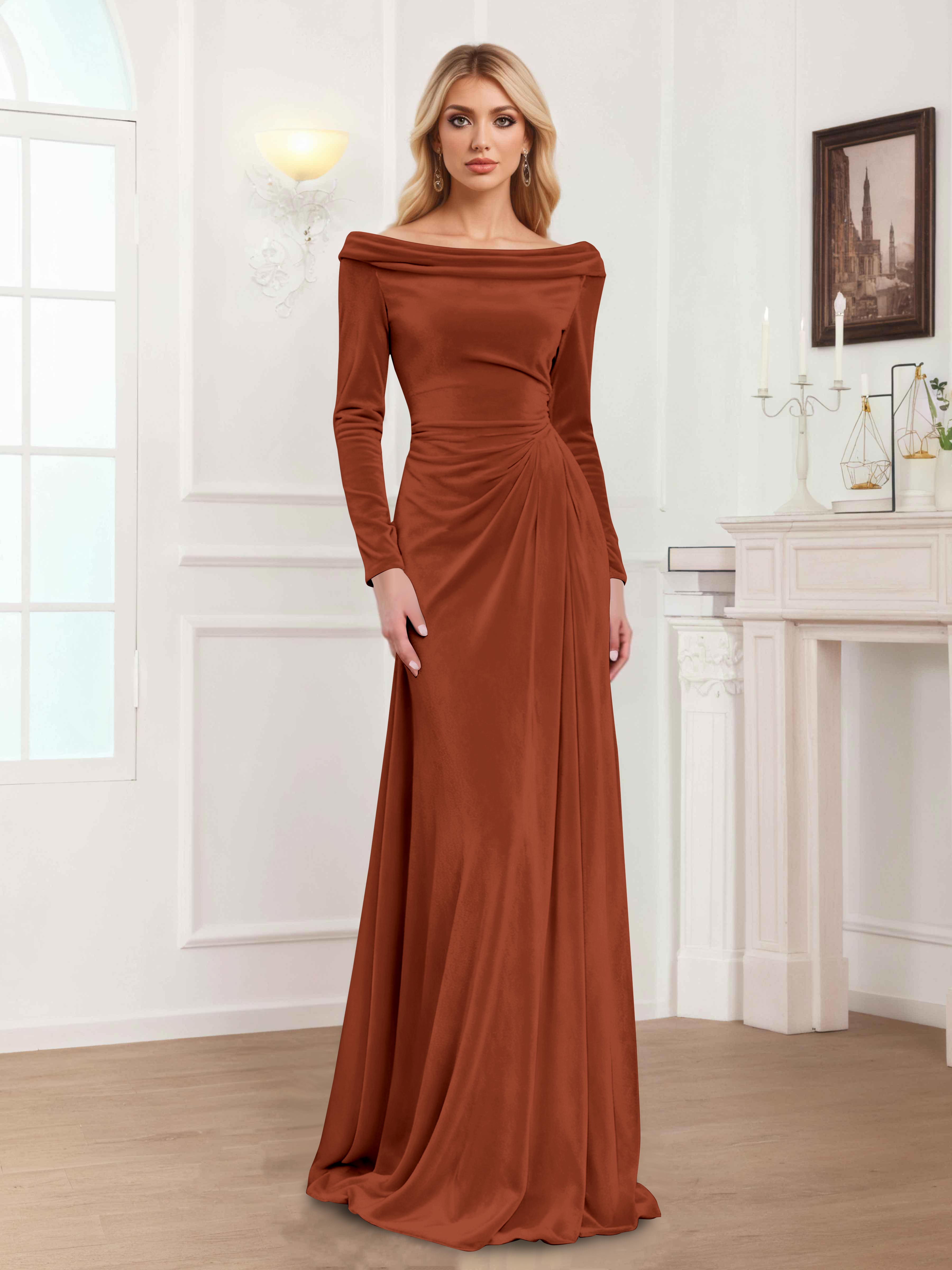 Zanna Modern Long Sleeves Ruched Long Velvet Mother Of The Bride Dresses