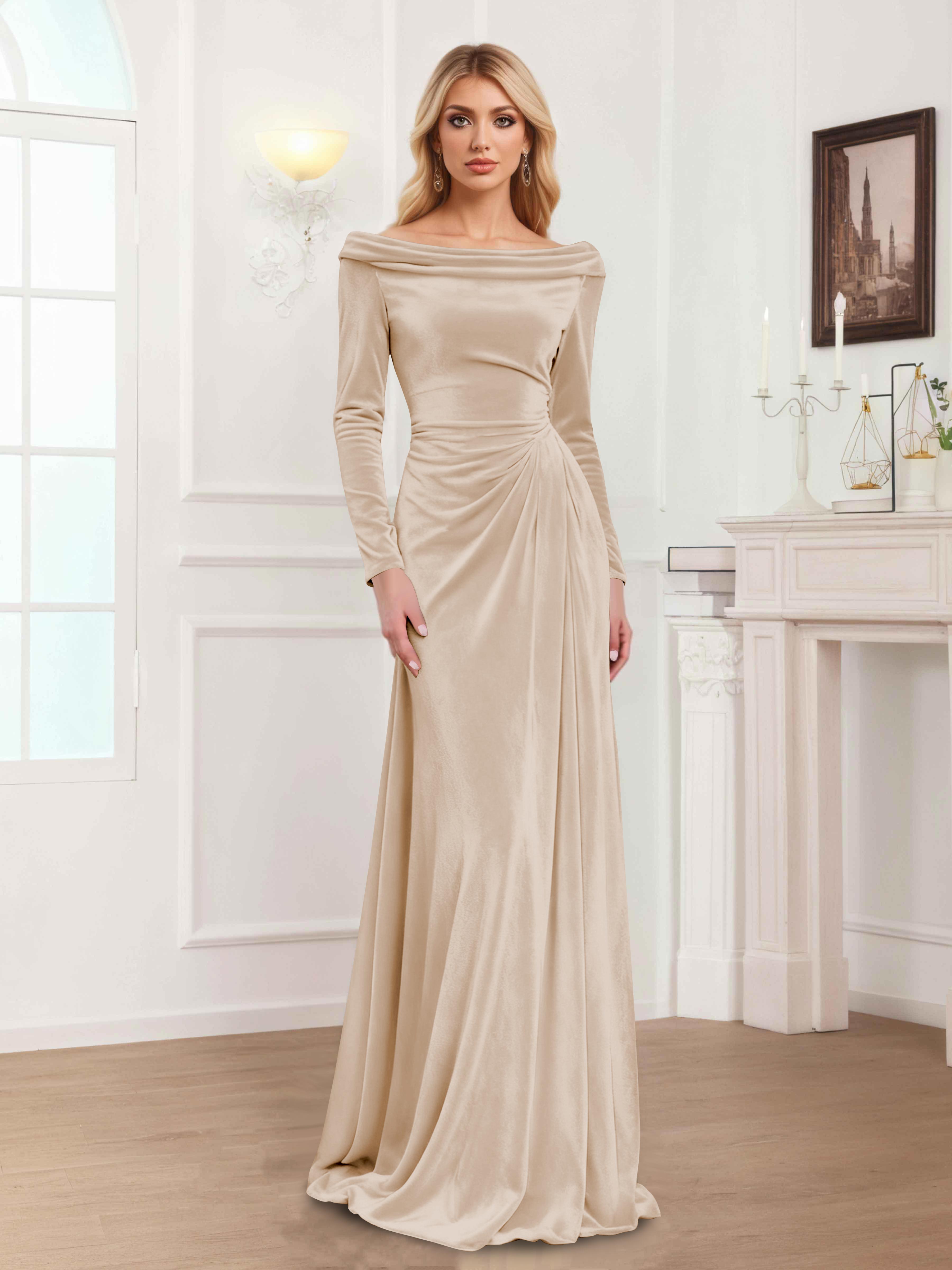 Zanna Modern Long Sleeves Ruched Long Velvet Mother Of The Bride Dresses