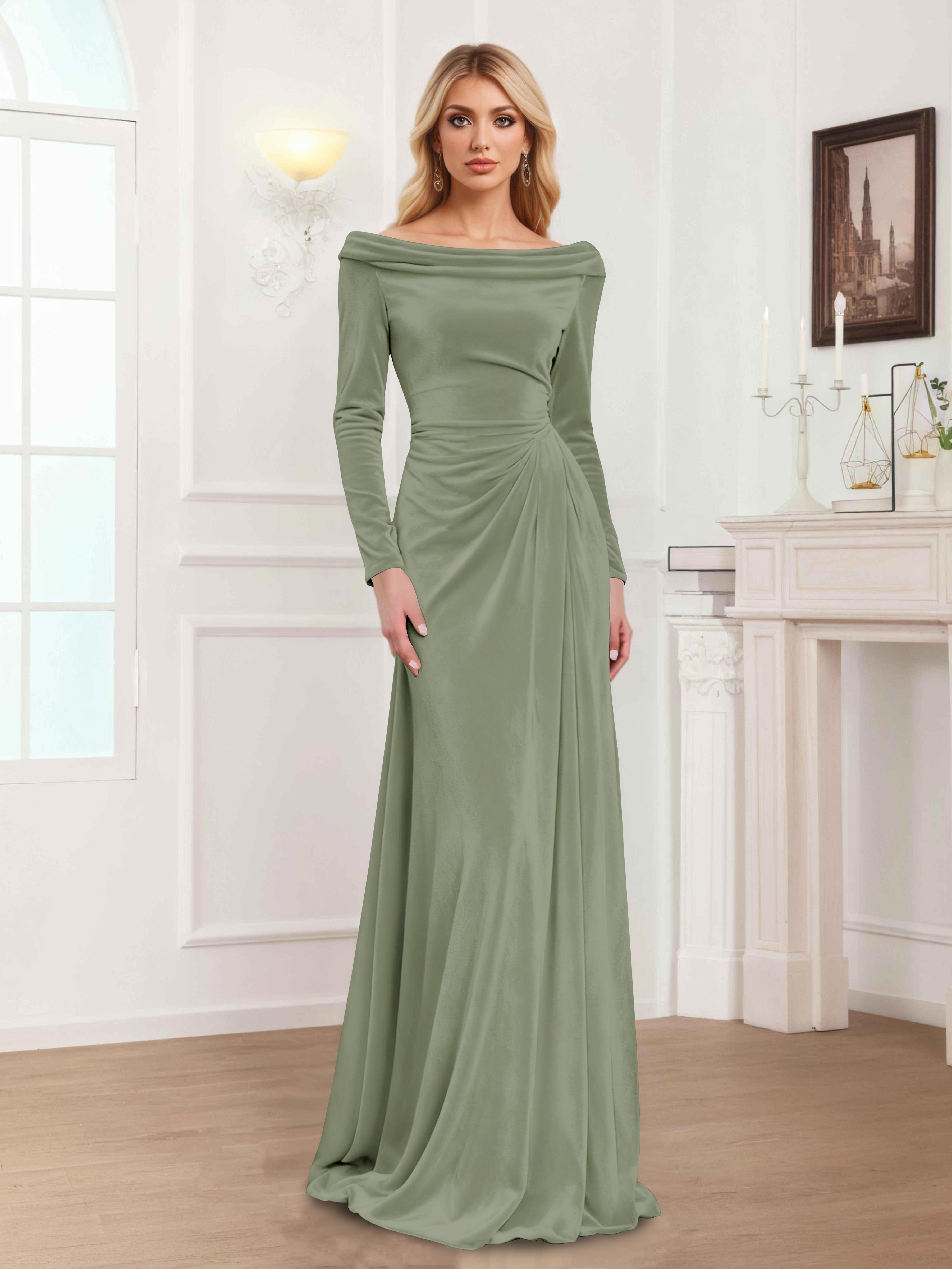 Zanna Modern Long Sleeves Ruched Long Velvet Mother Of The Bride Dresses