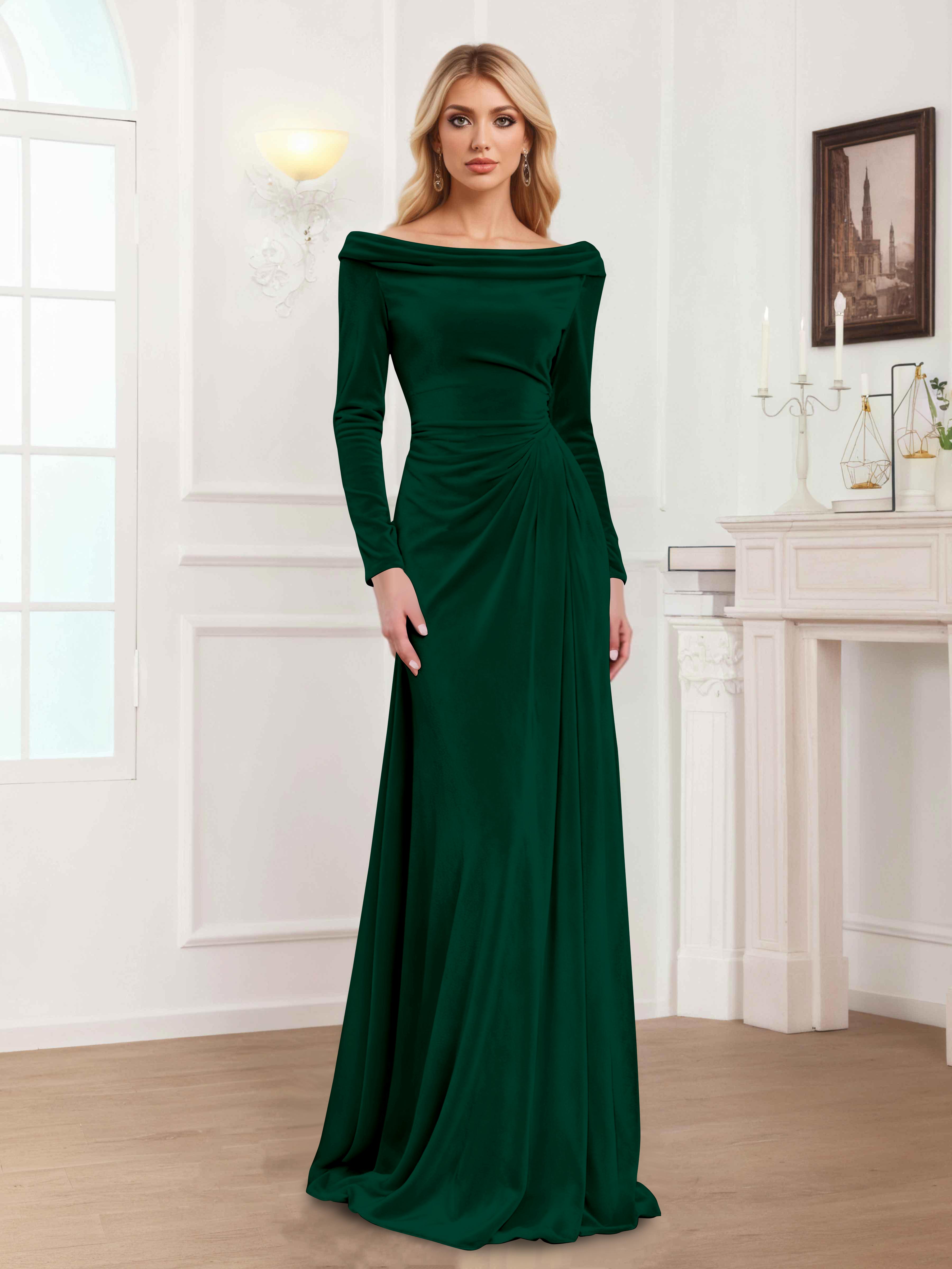 Zanna Modern Long Sleeves Ruched Long Velvet Mother Of The Bride Dresses