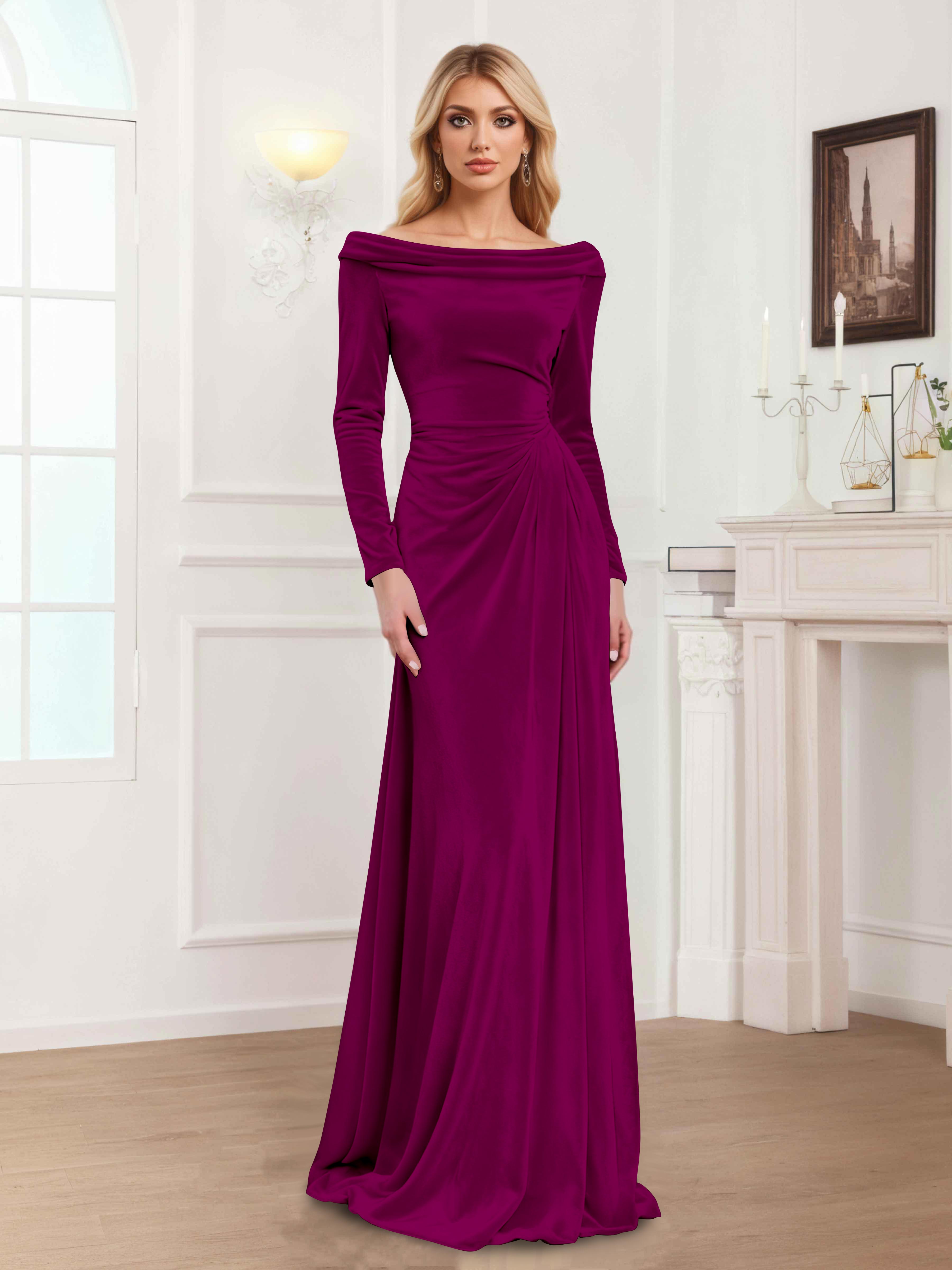 Zanna Modern Long Sleeves Ruched Long Velvet Mother Of The Bride Dresses