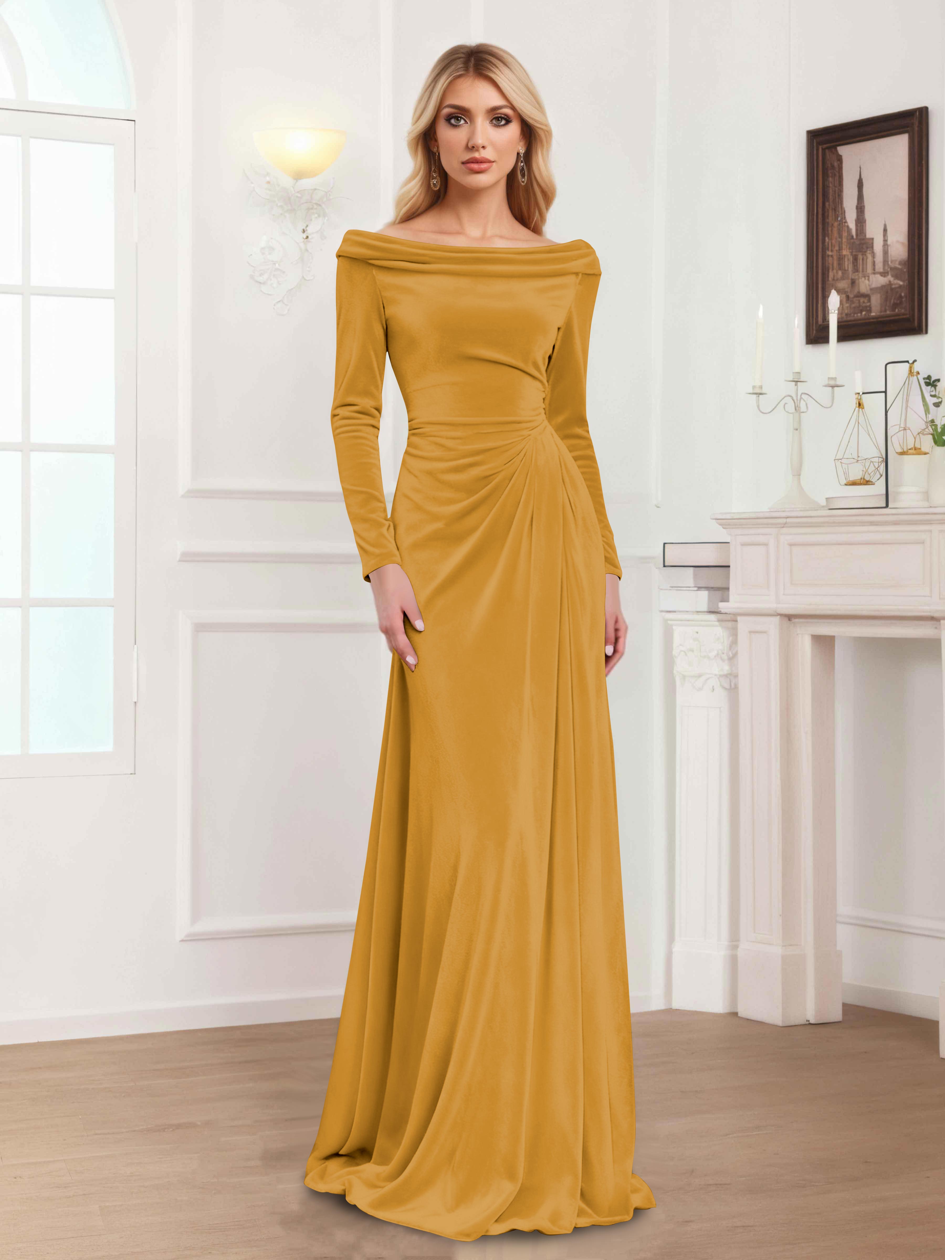 Zanna Modern Long Sleeves Ruched Long Velvet Mother Of The Bride Dresses