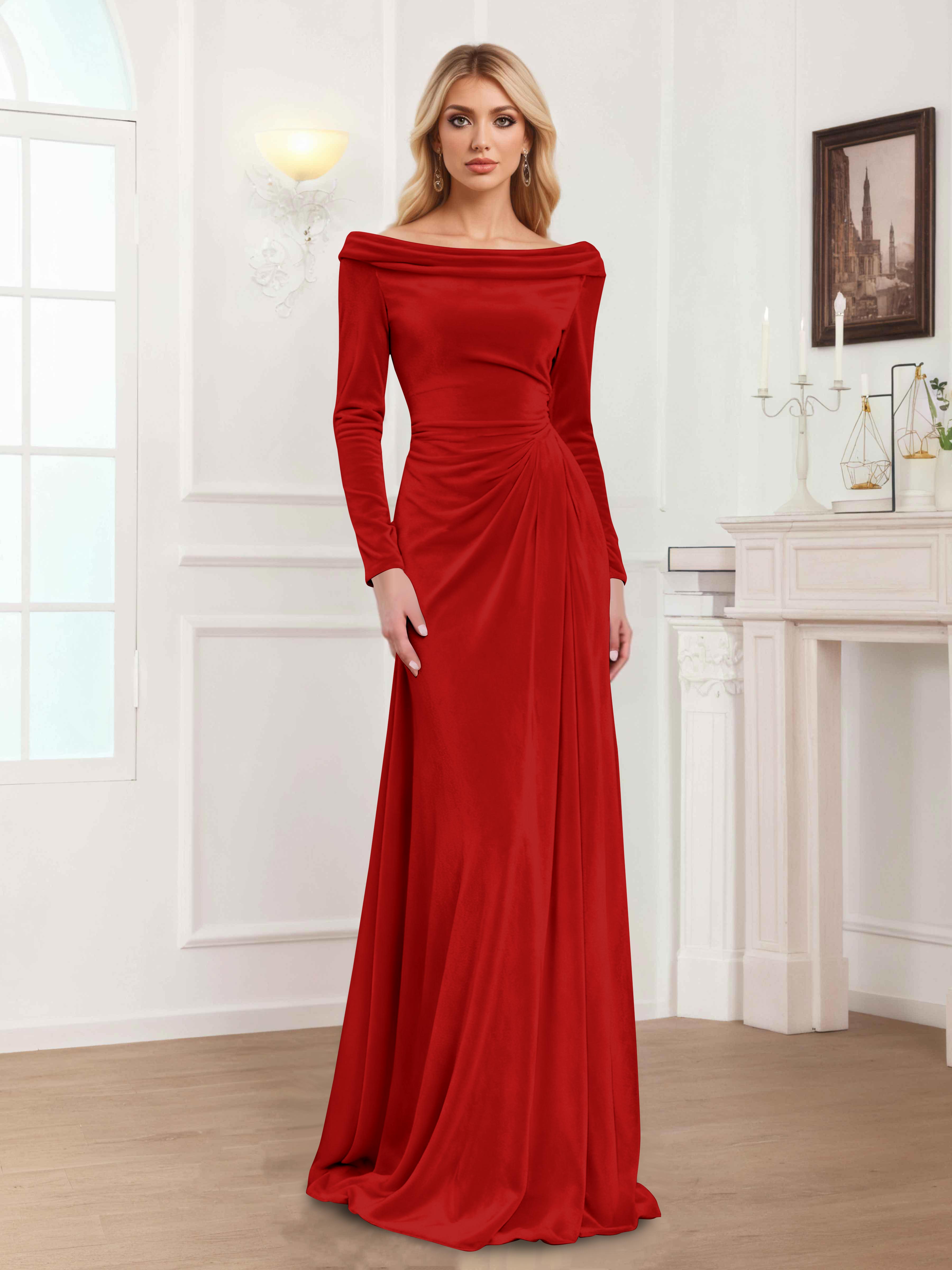 Zanna Modern Long Sleeves Ruched Long Velvet Mother Of The Bride Dresses