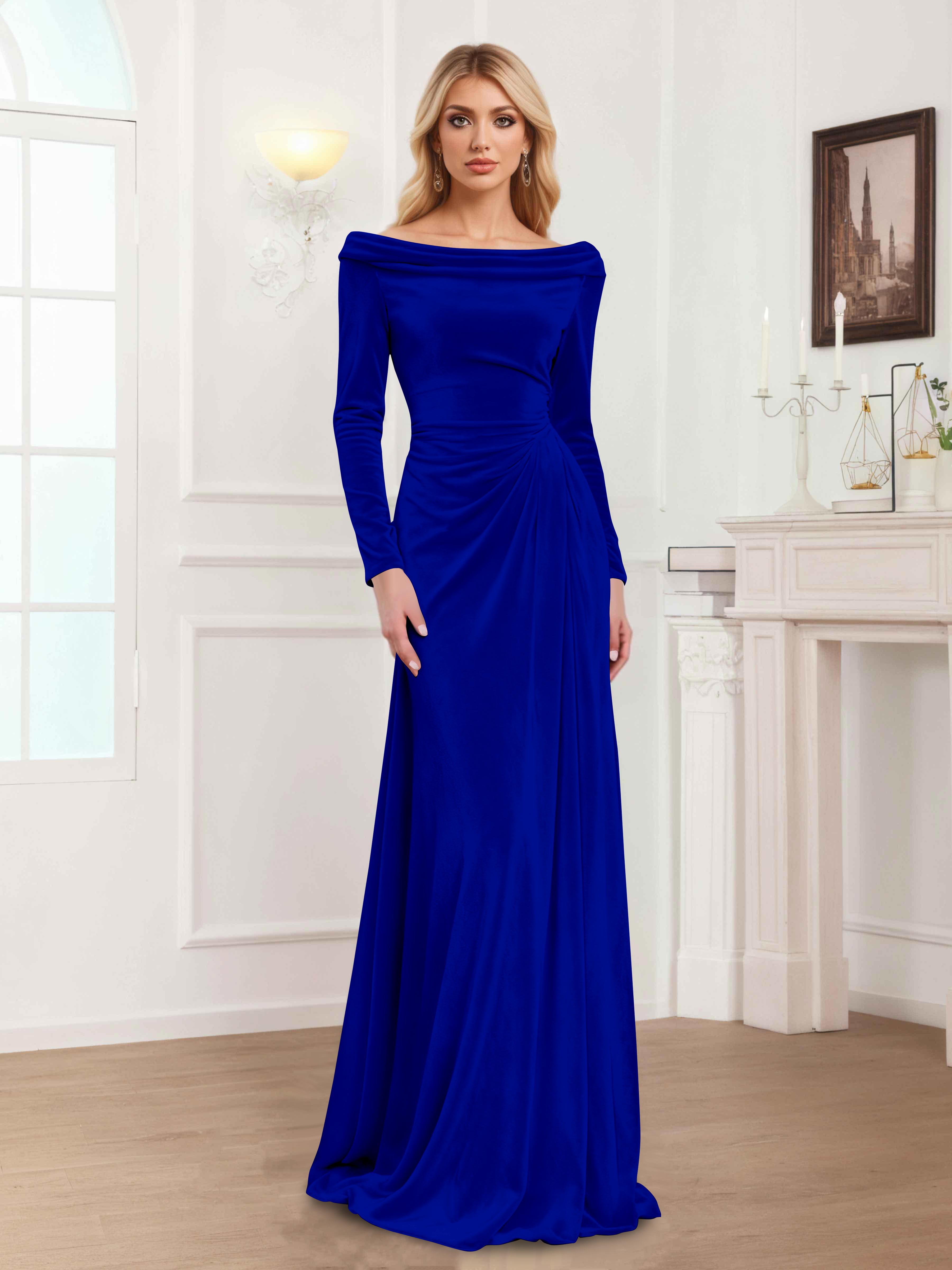 Zanna Modern Long Sleeves Ruched Long Velvet Mother Of The Bride Dresses