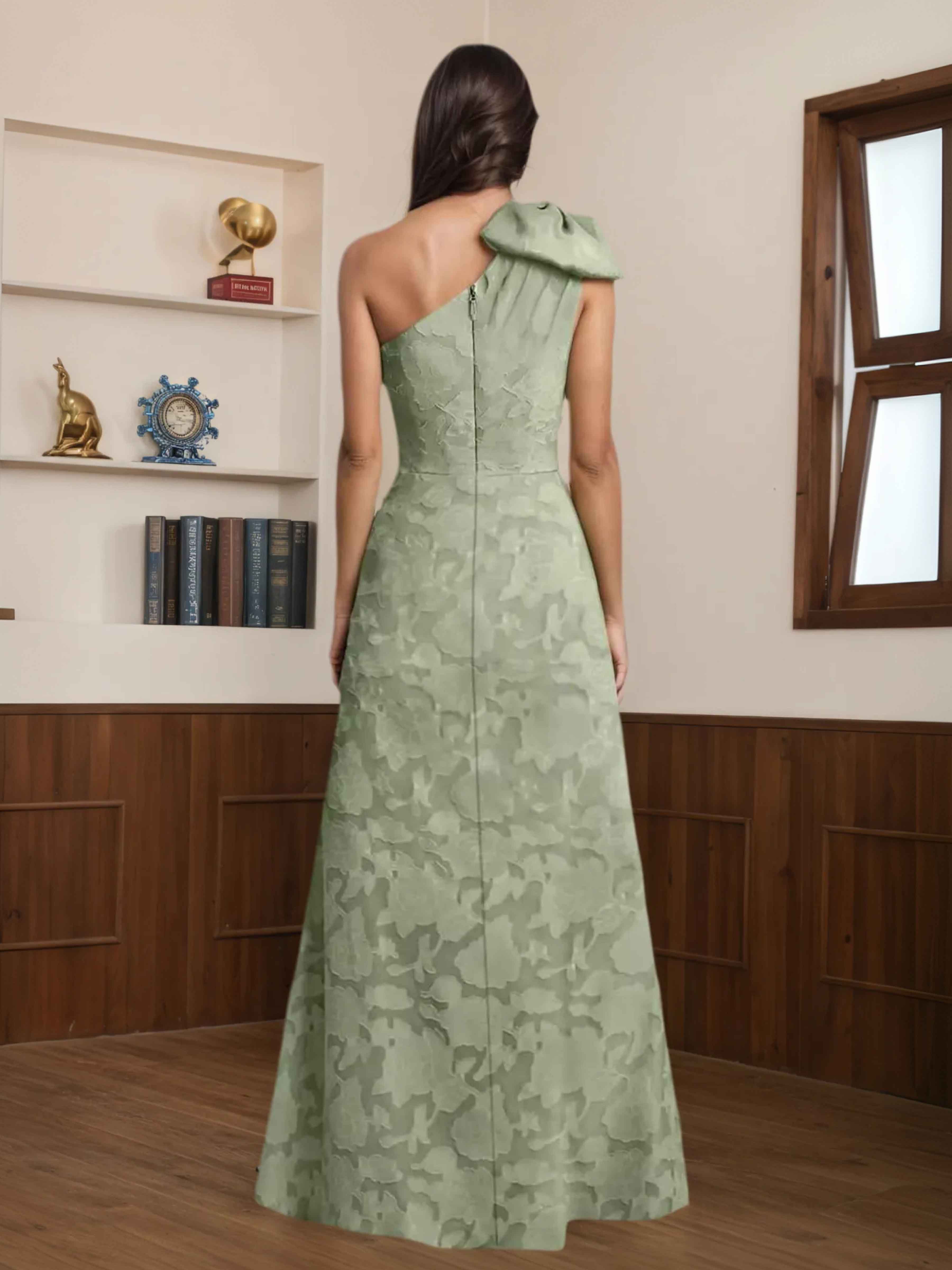 Zelene Graceful One Shoulder Pleated Long Floral Lace Mother of the Bride Dresses