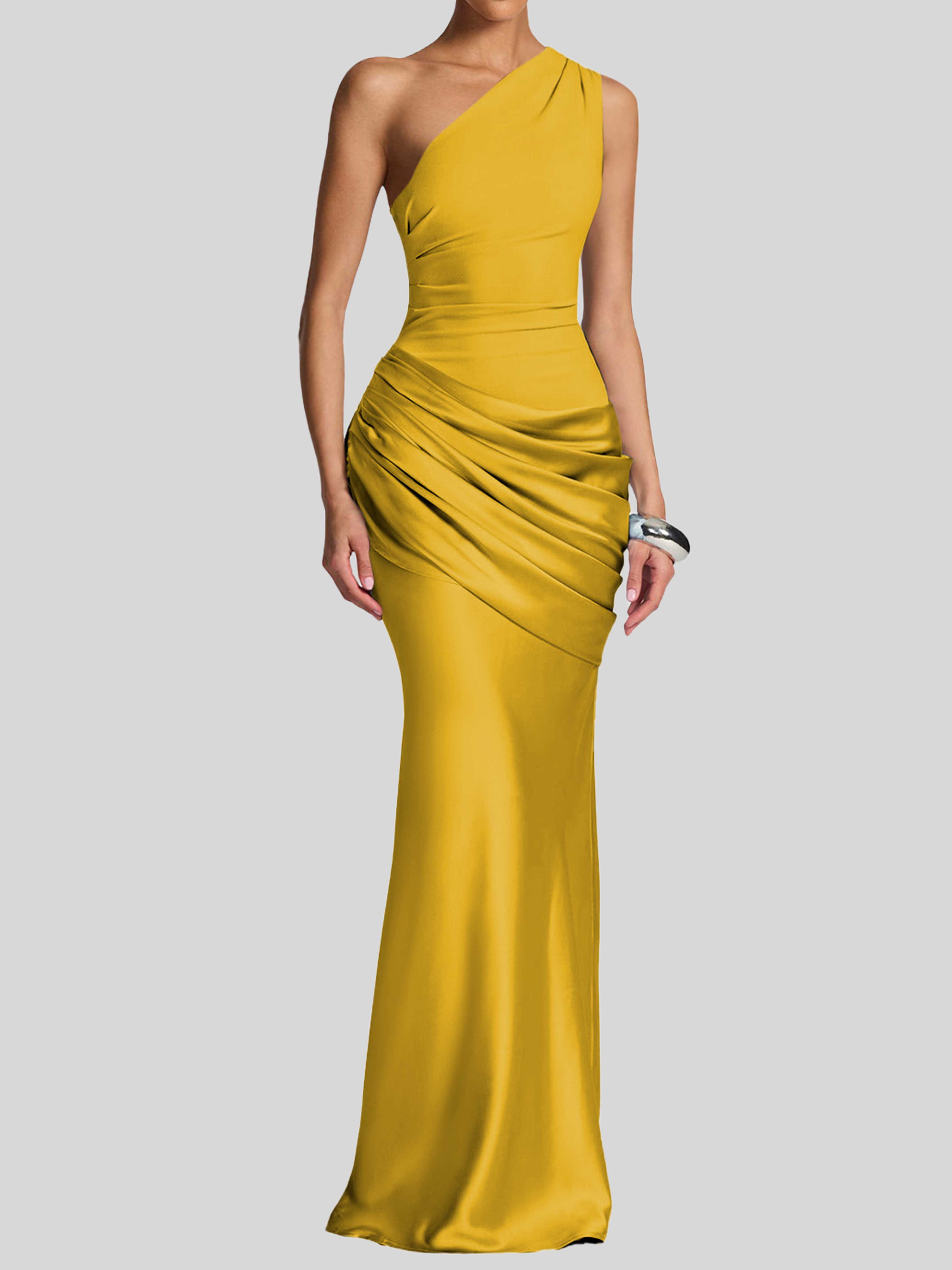 Jaelithra Gorgeous One Shoulder Pleated Satin Long Prom Dresses