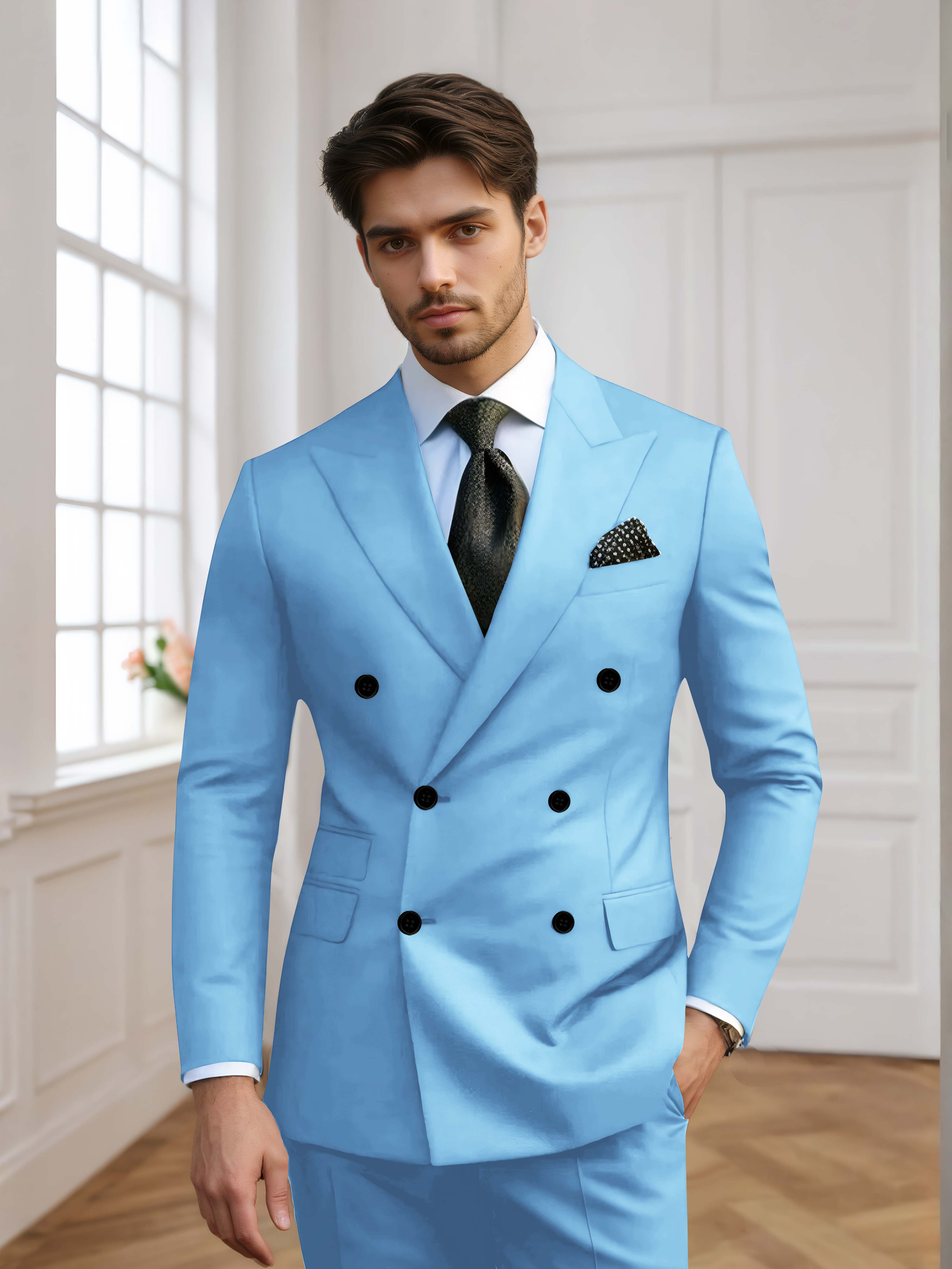 Custom Men's Double Breasted Slim Fit 2-Piece Suit – Wedding Groom Tuxedo – Peak Lapel