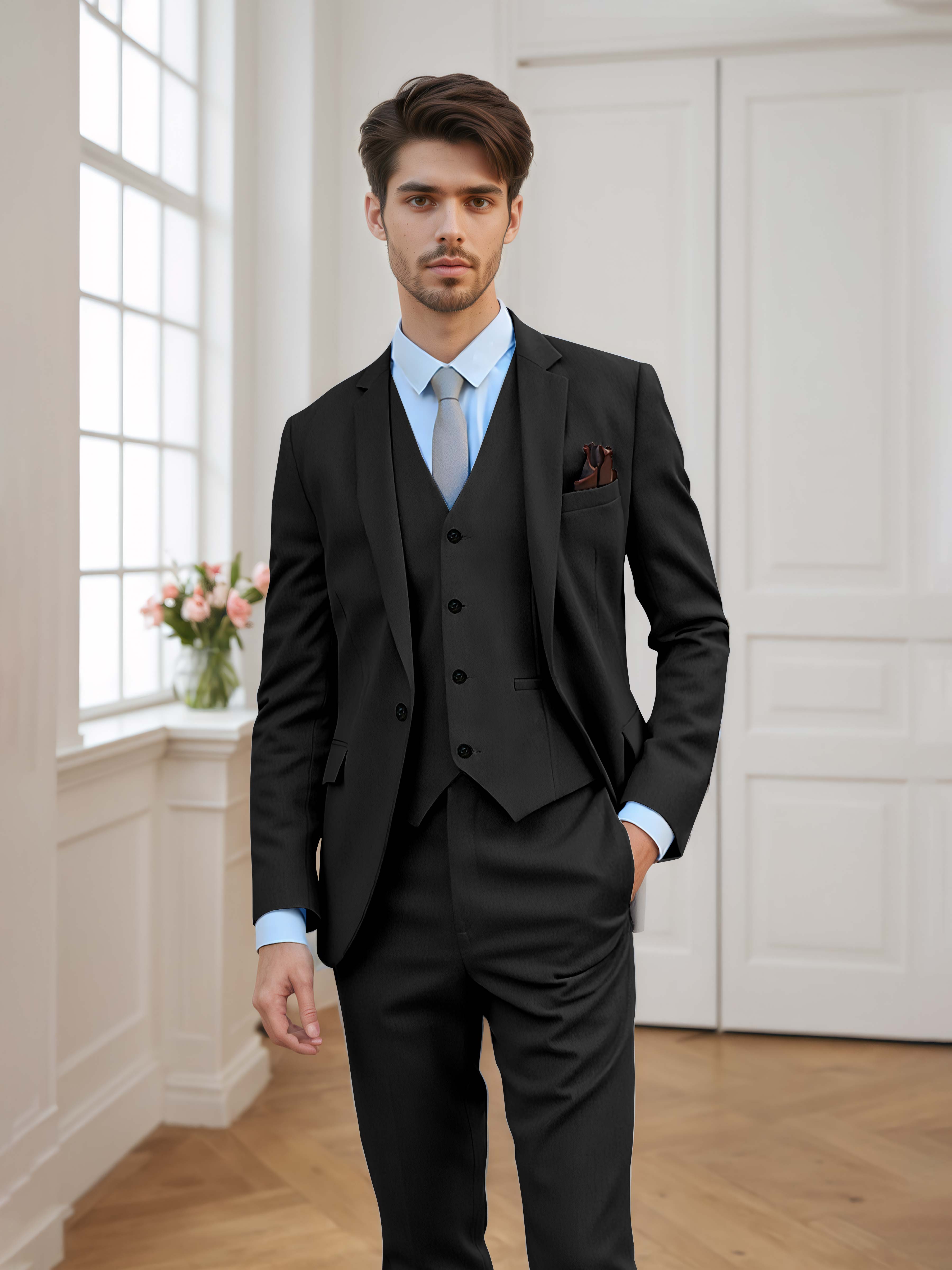Men's Tailored Fit One Button 3 Pieces Formal Suits