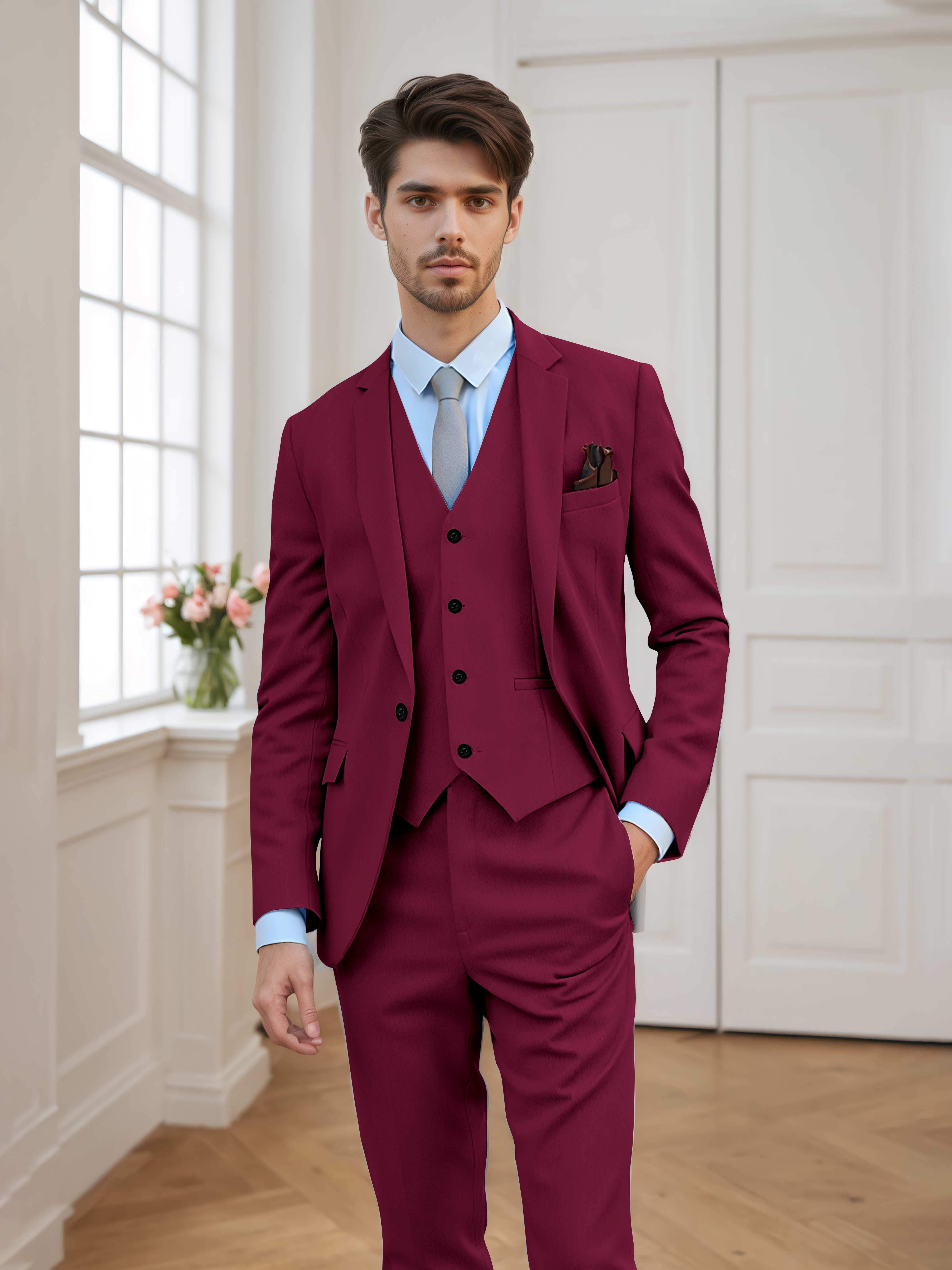 Men's Tailored Fit One Button 3 Pieces Formal Suits