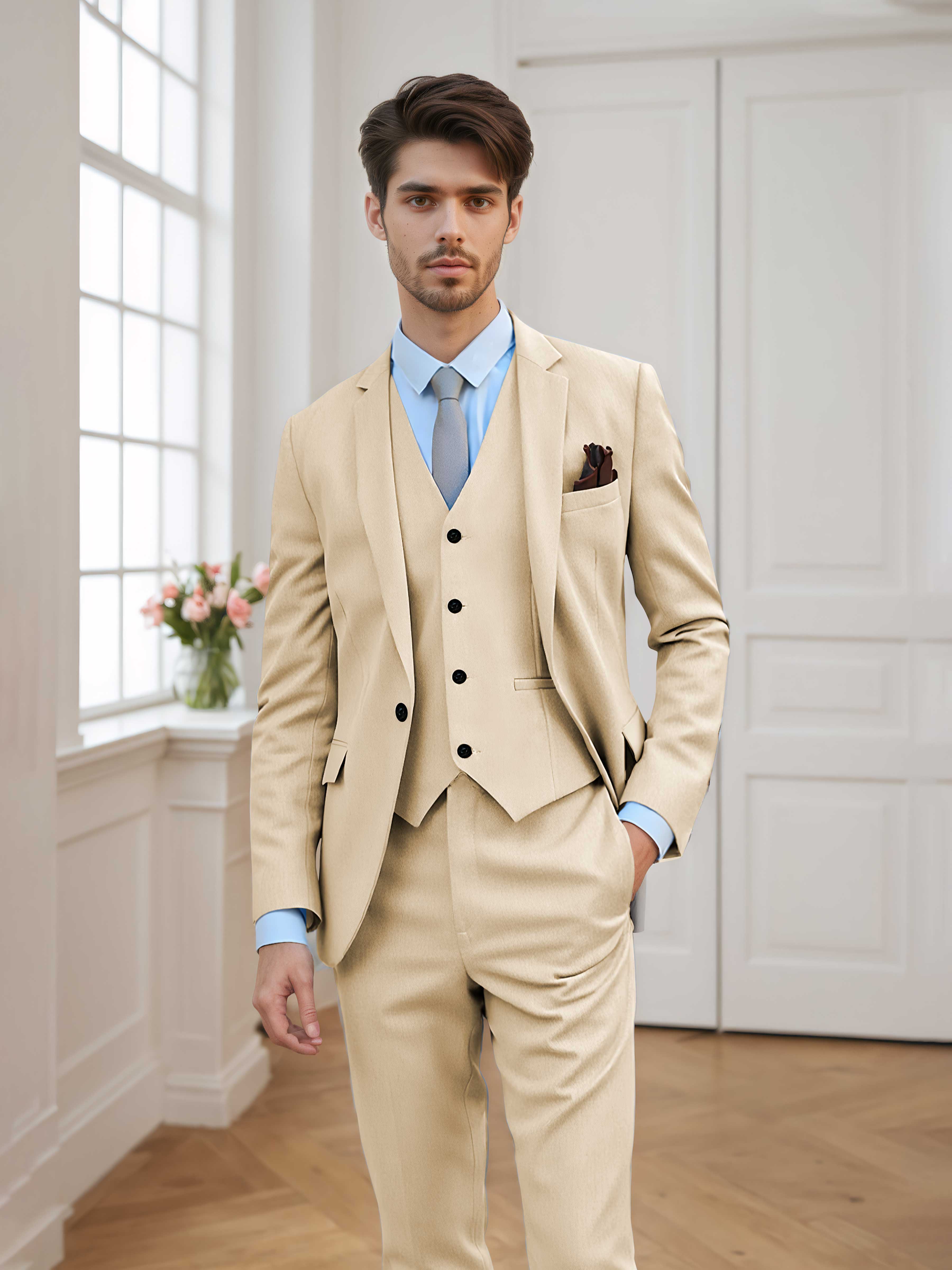 Men's Tailored Fit One Button 3 Pieces Formal Suits