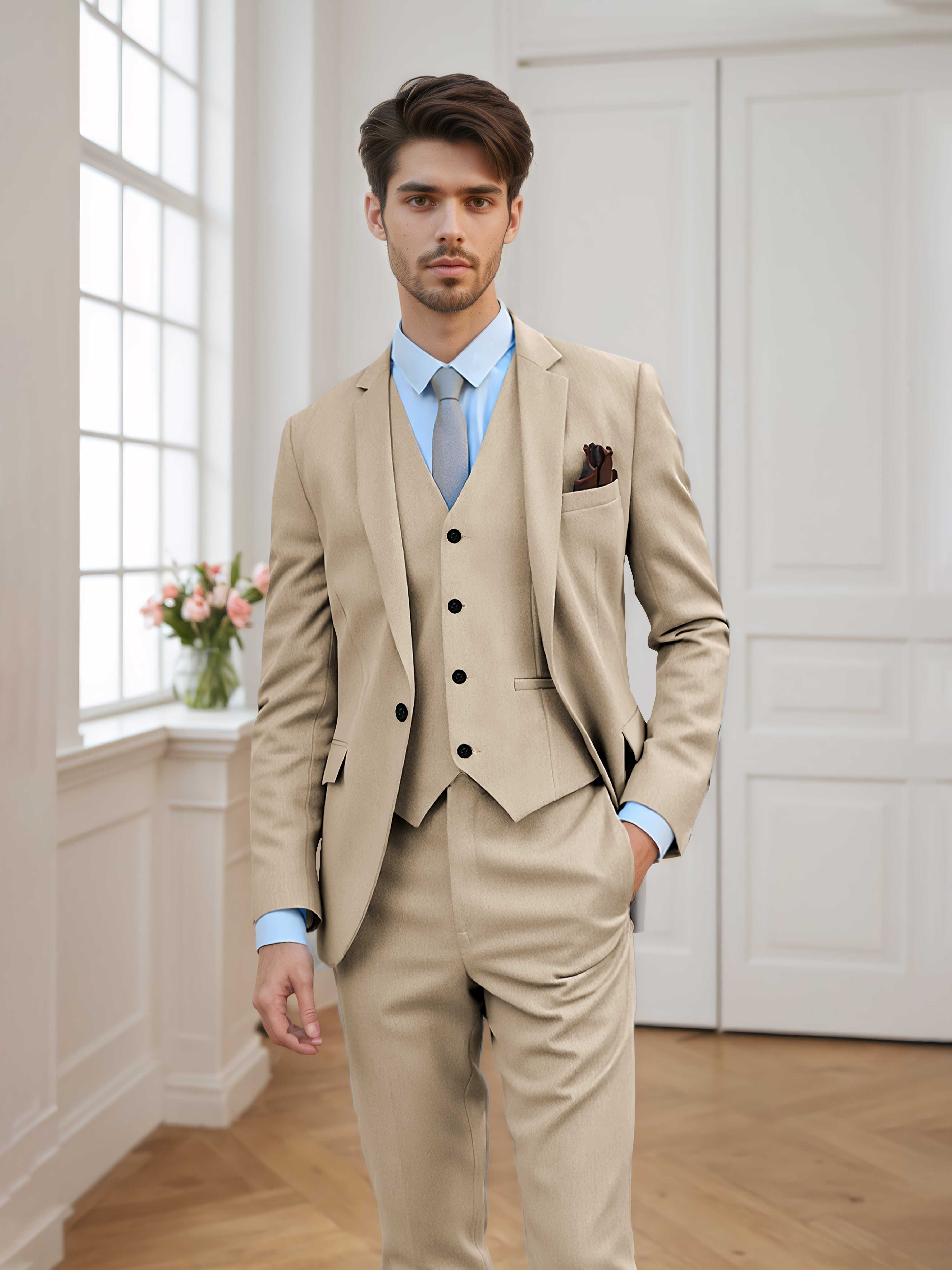 Men's Tailored Fit One Button 3 Pieces Formal Suits