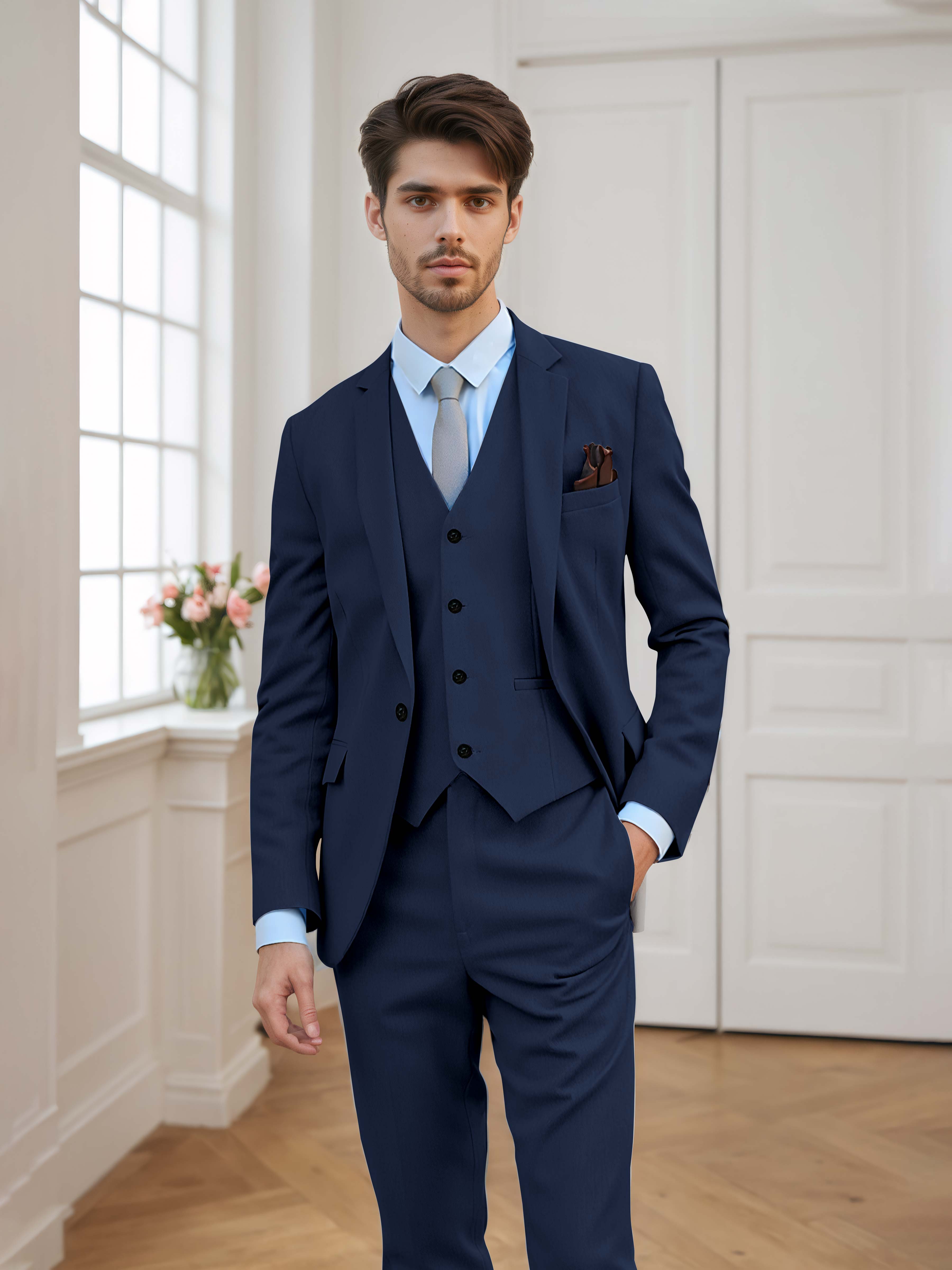 Men's Tailored Fit One Button 3 Pieces Formal Suits