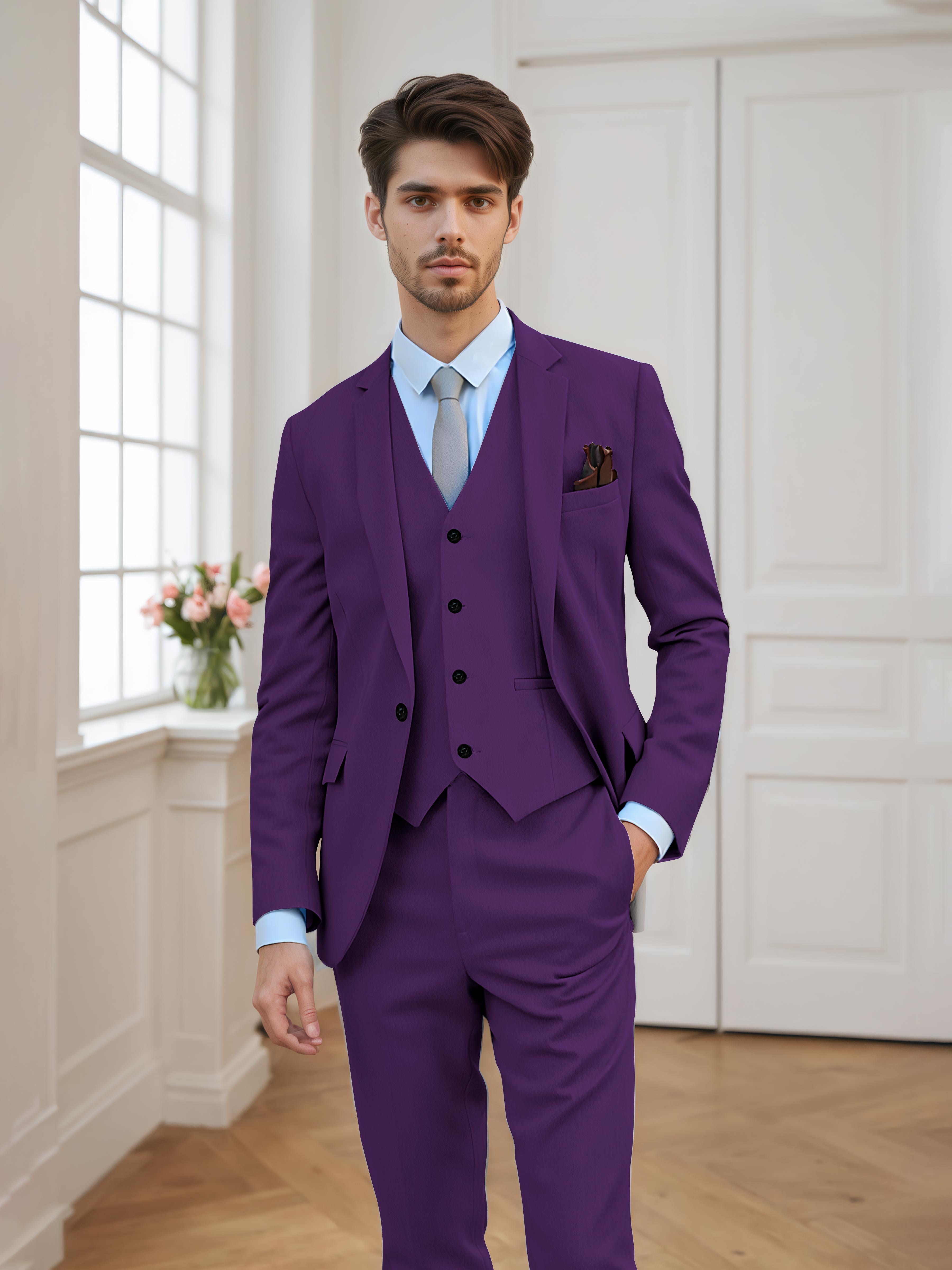 Men's Tailored Fit One Button 3 Pieces Formal Suits