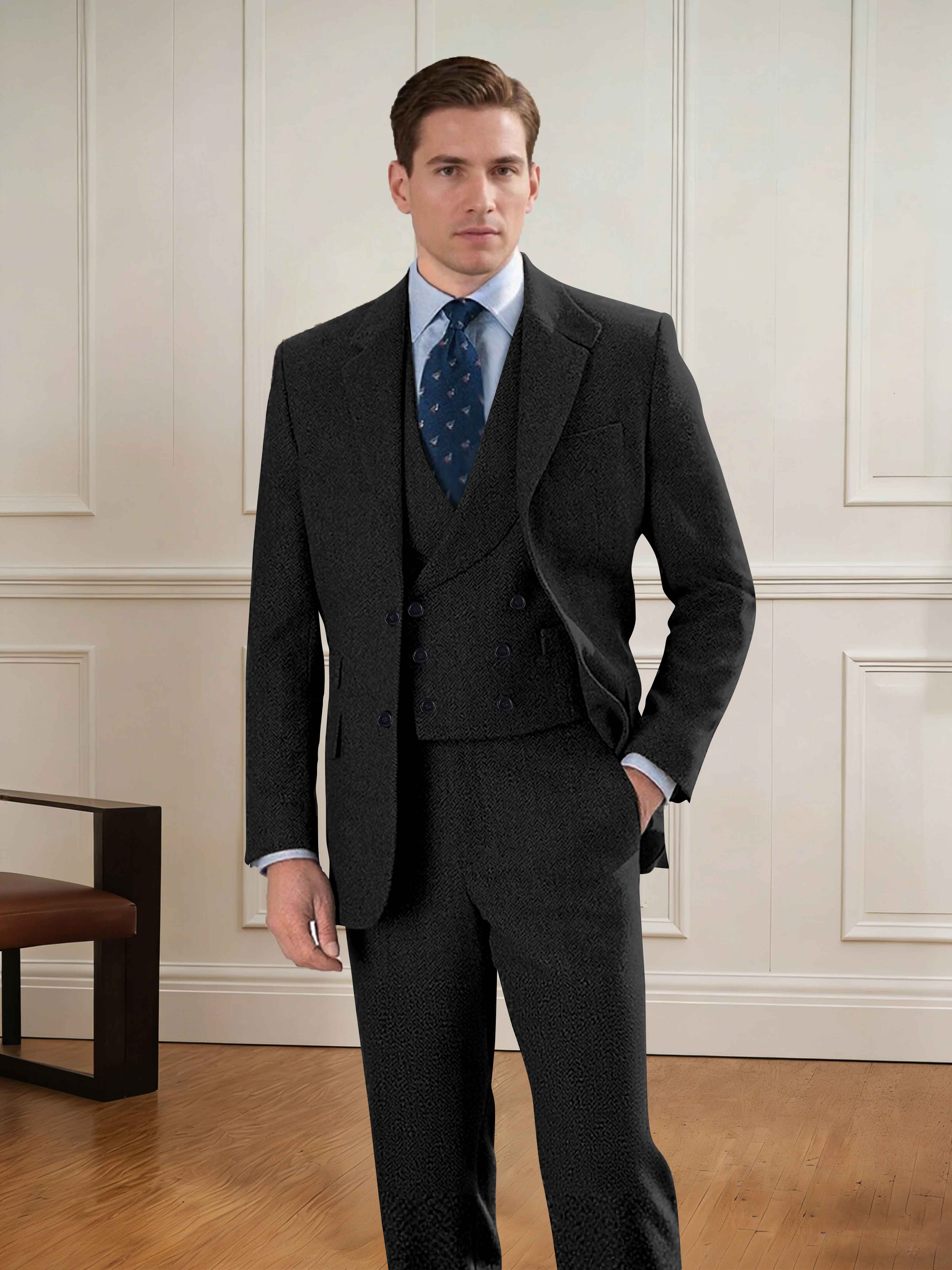 Smooth 3 Pieces Herringbone Semi Men's Notch Lapel Two Buttons Suit For Formal