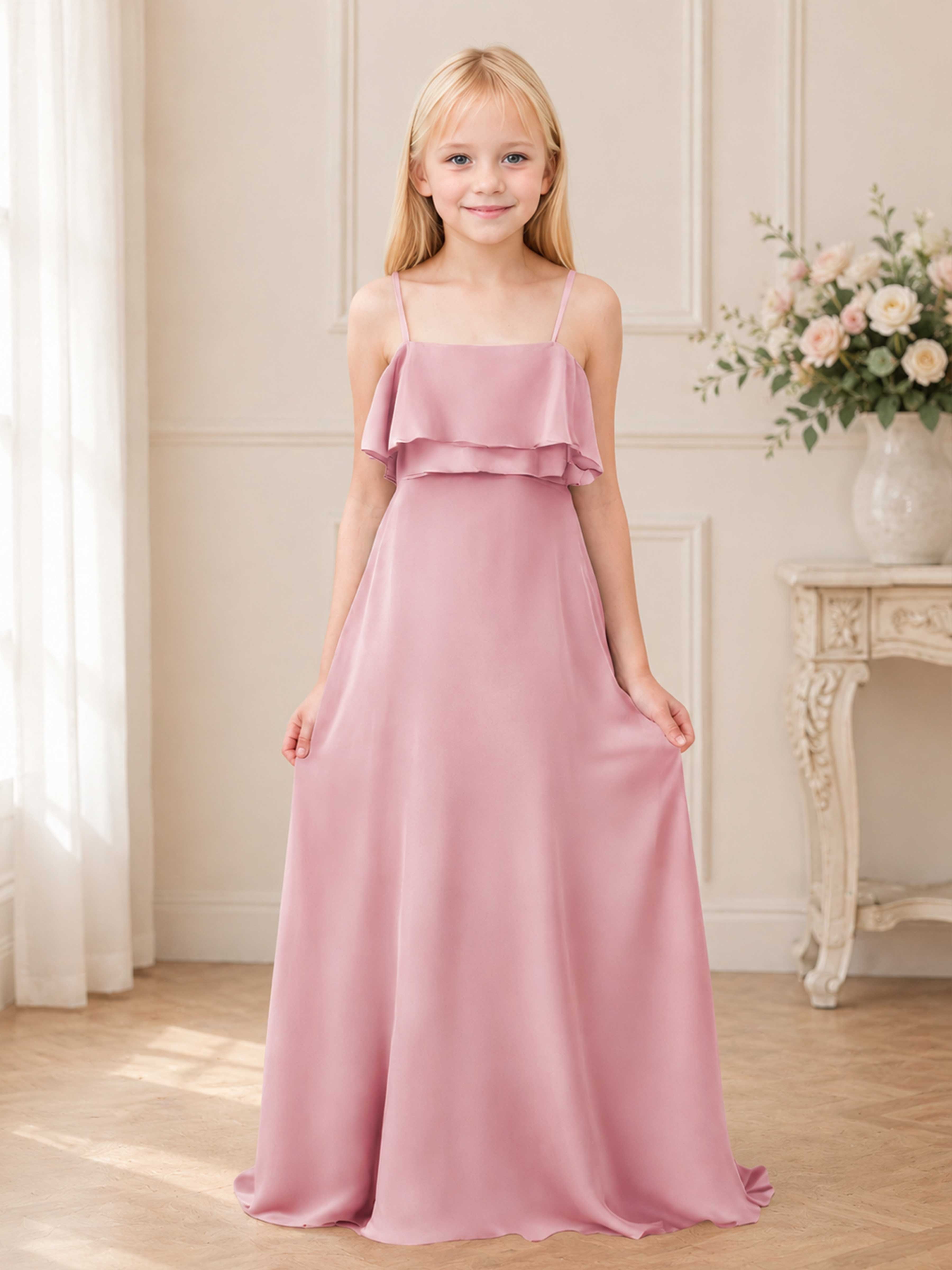 A-Line Square Tiered Long Chiffon Junior Bridesmaid Dresses
