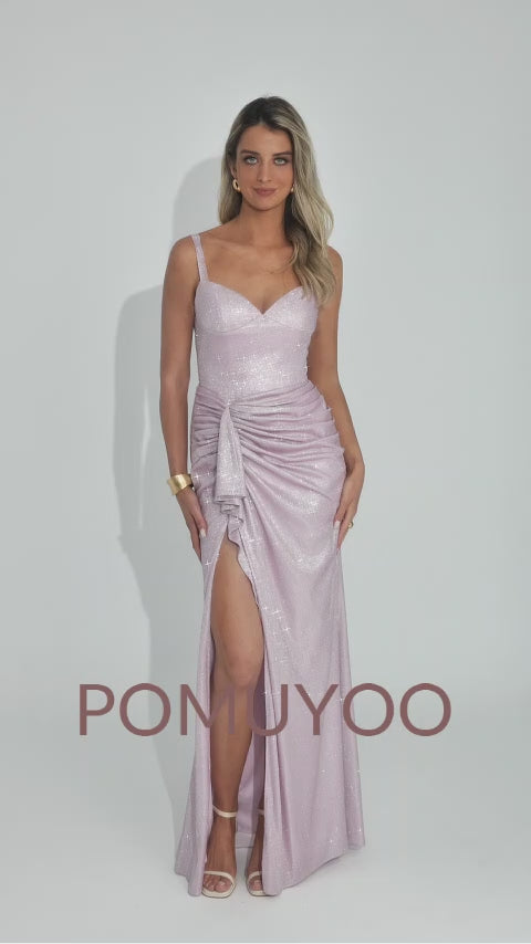 Laelindra Charming Spaghetti Straps Pleated Slit Long Glitter Prom Dresses