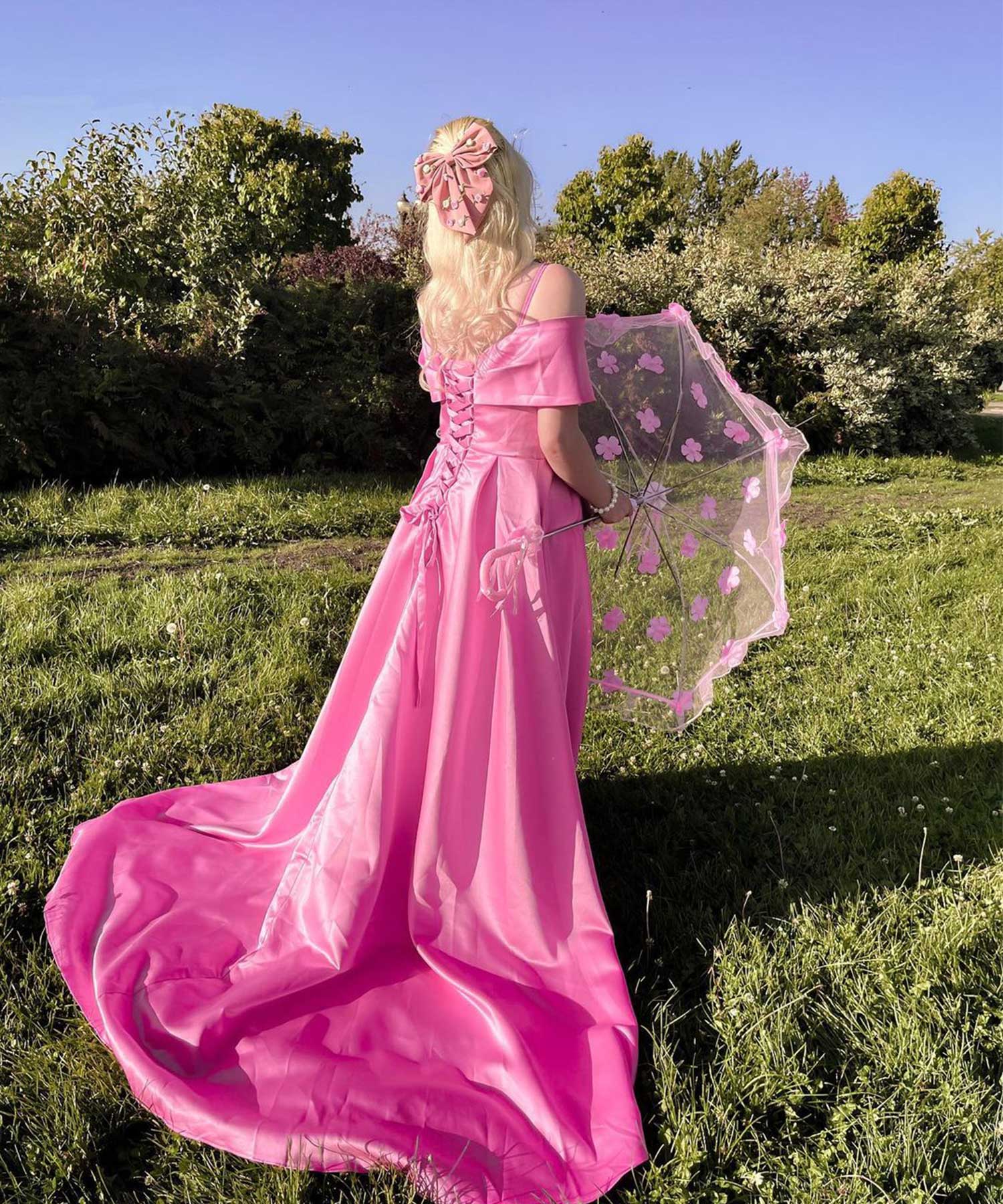 Violet Off the Shoulder Sweep Train Satin Dresses With Slit