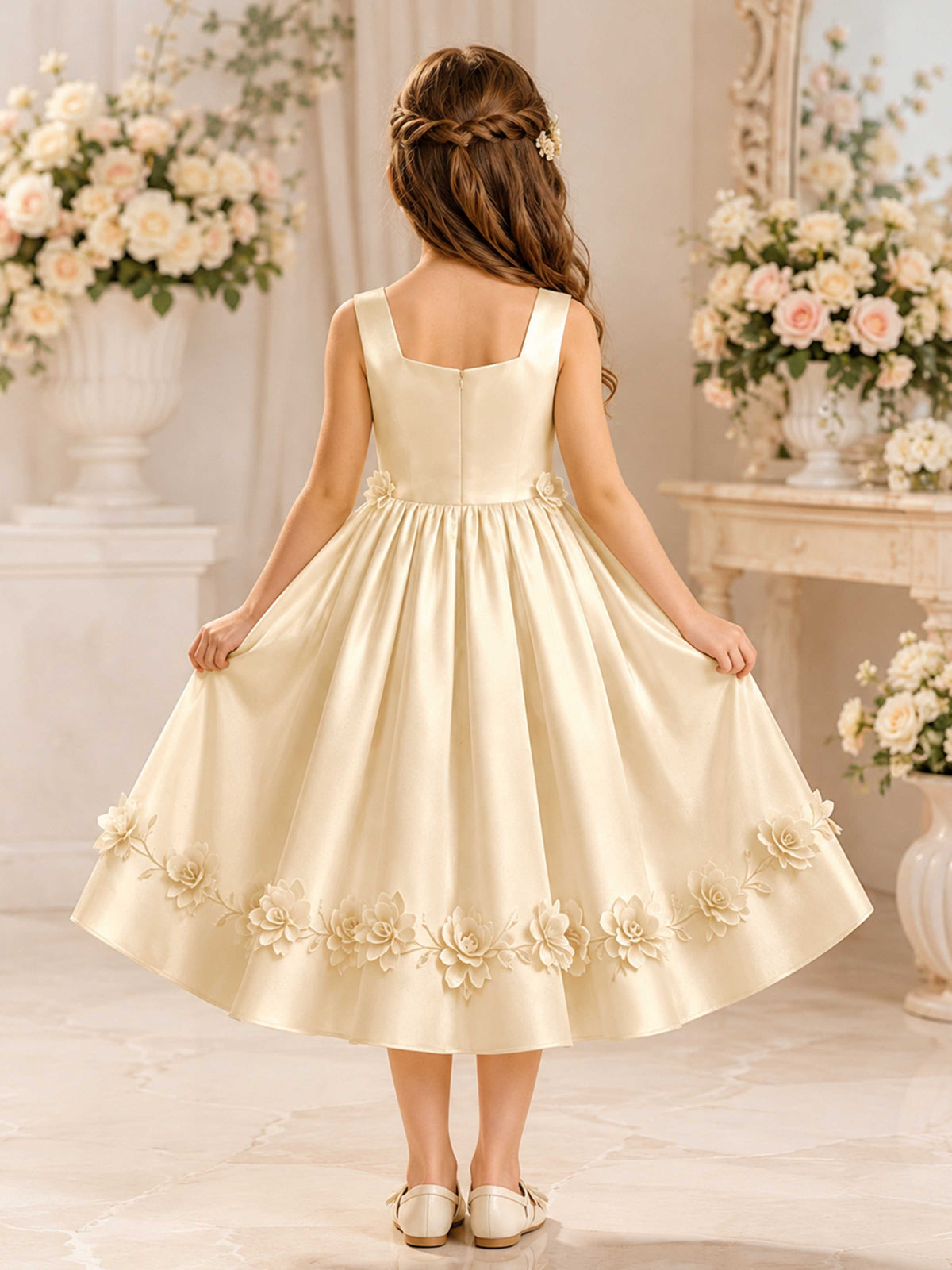 Elegant A-Line Floral Applique Satin Girl Dresses
