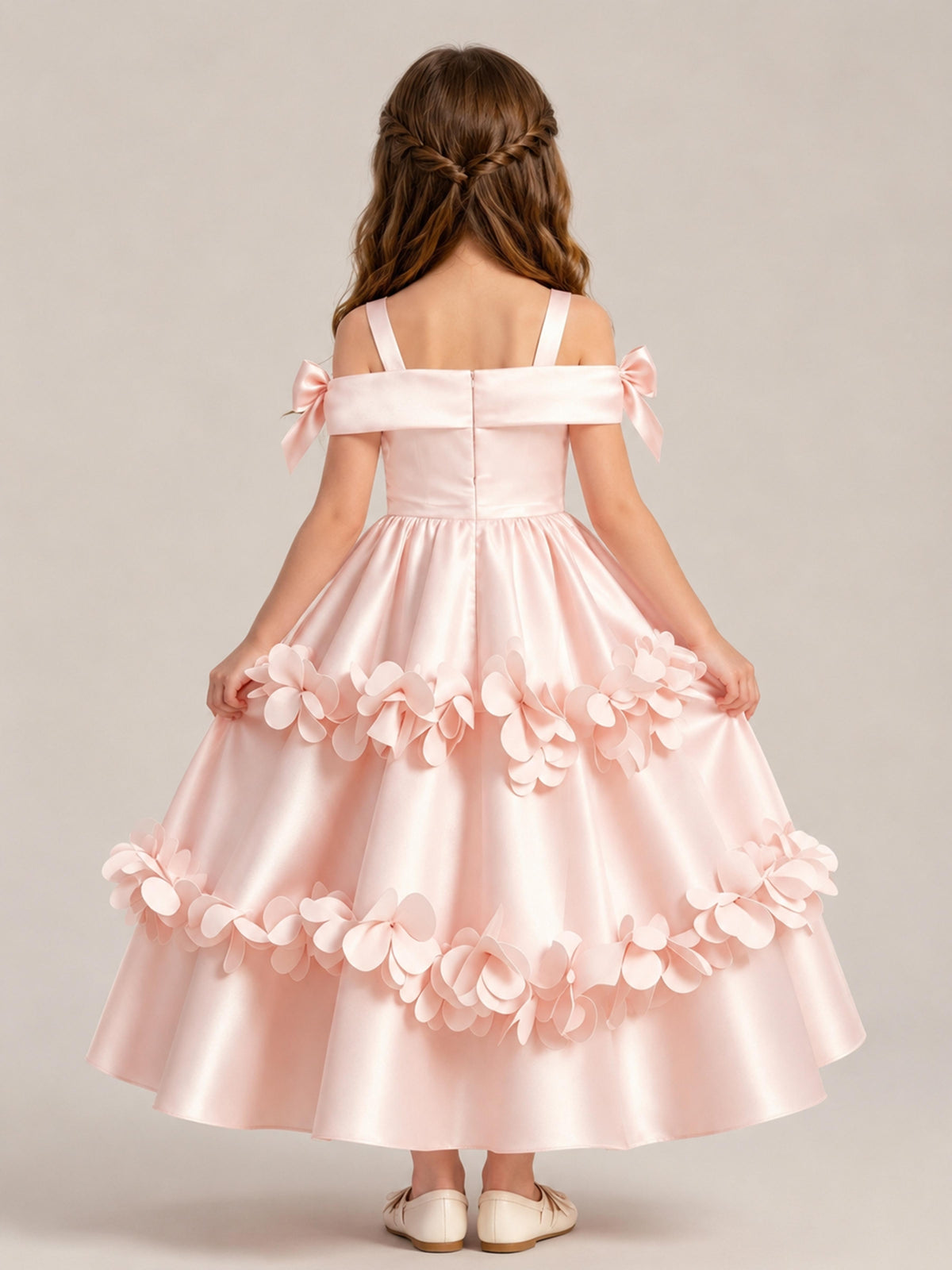 Elegant A-Line Off Shoulder 3D Flower Satin Flower Girl Dresses
