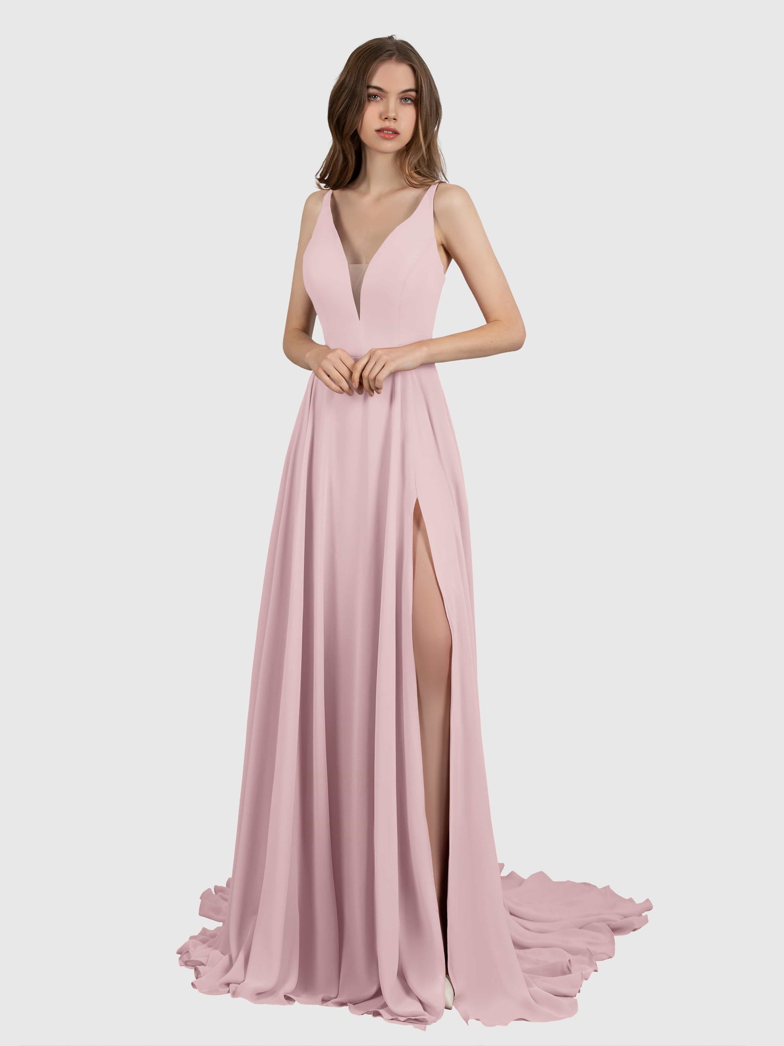 Simple V-neck Sleeveless High Low Sweep Train Silver Bridesmaid Dress  BD061