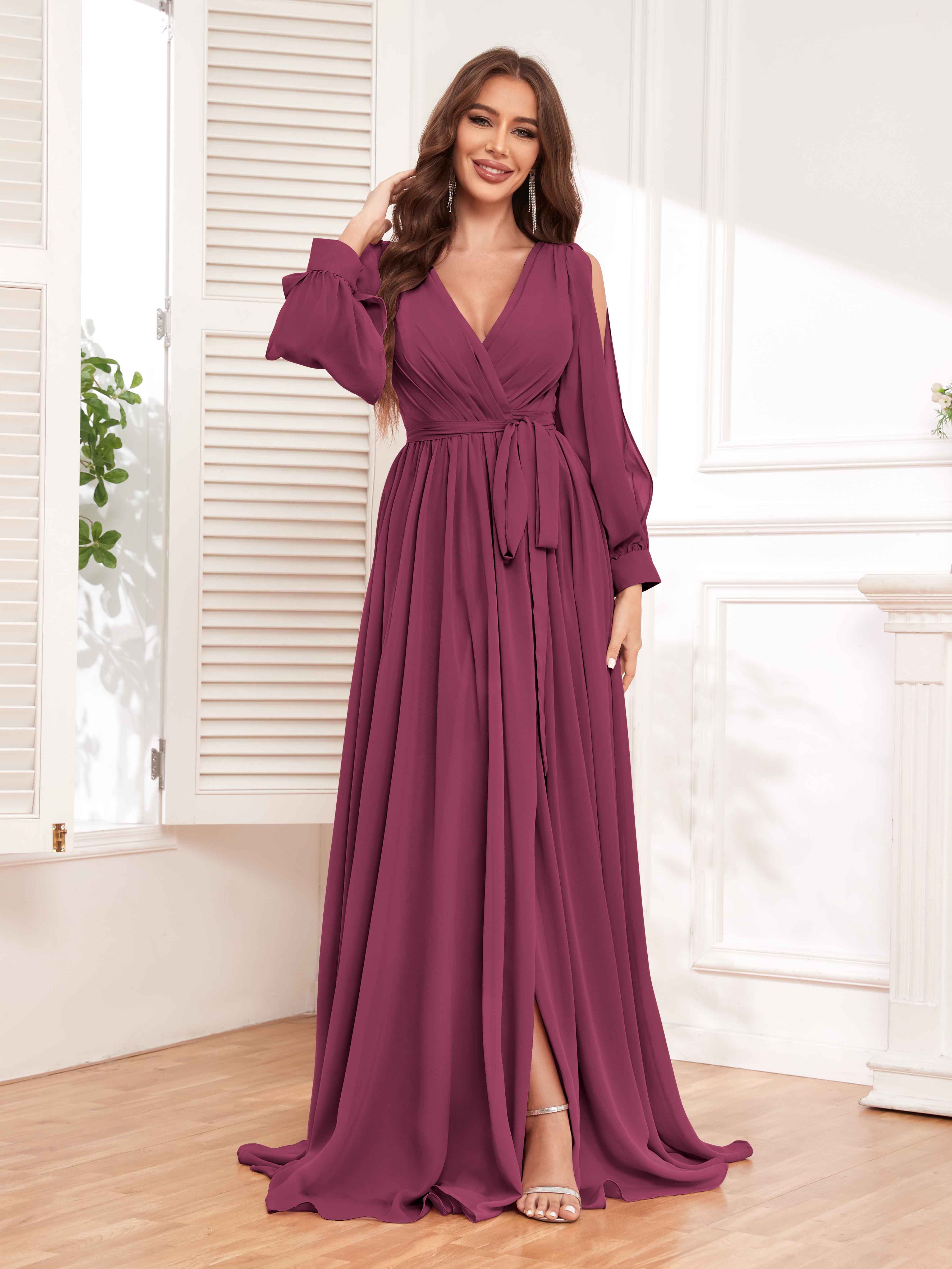 Long sleeve chiffon wrap dress best sale