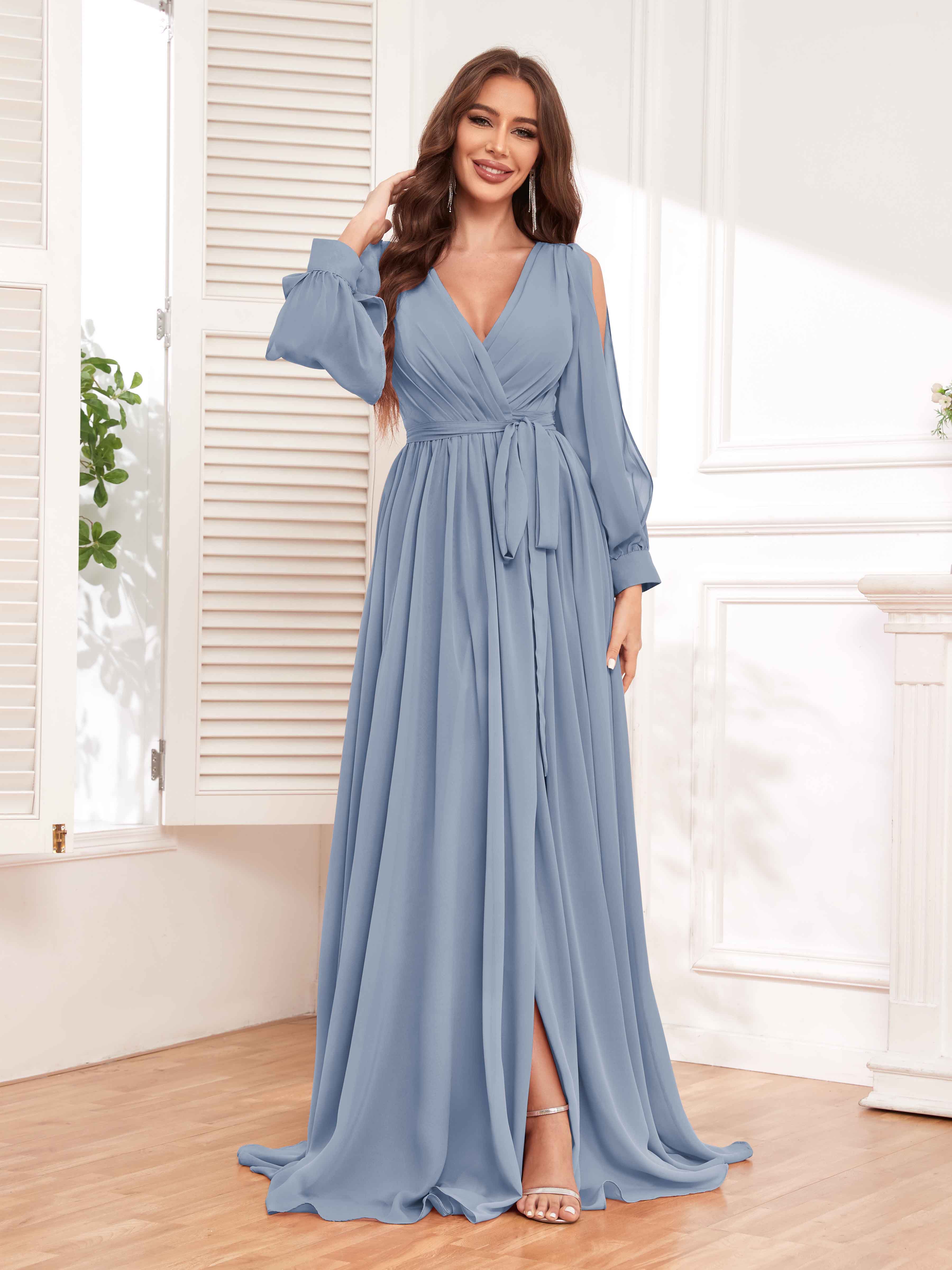 Adaline Flattering Slit Sleeves Long Chiffon Bridesmaid Dresses