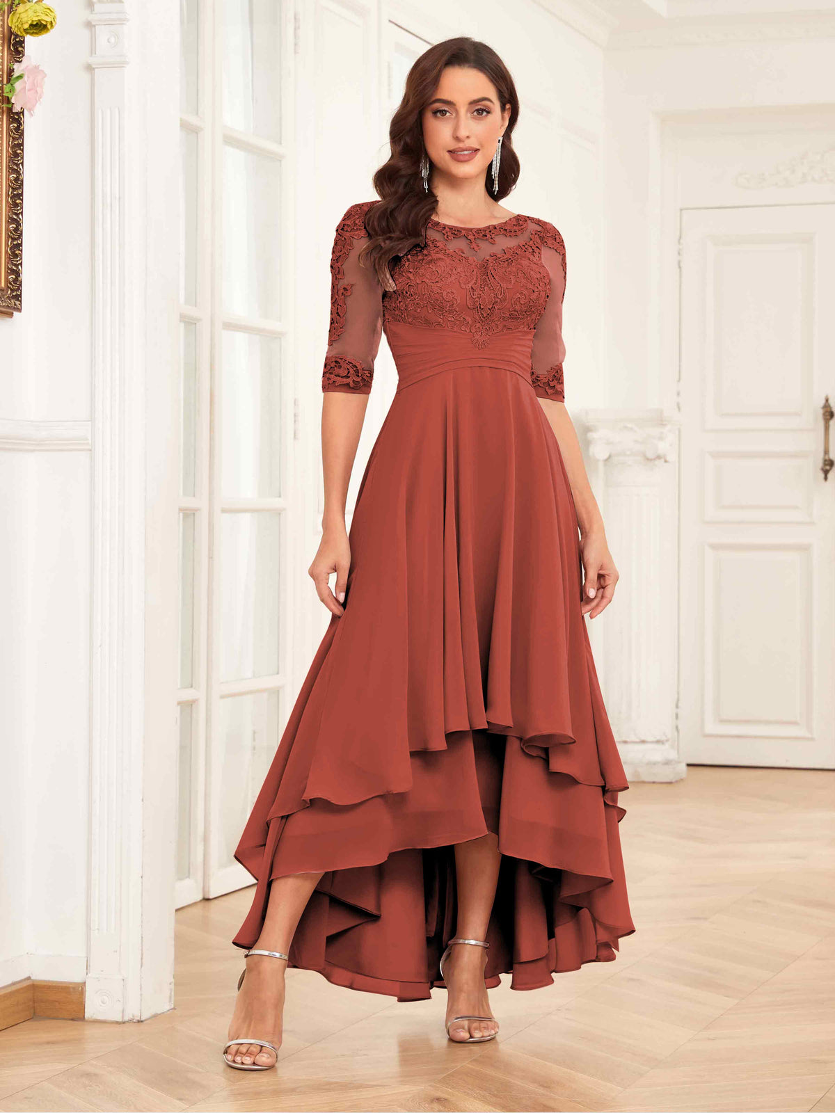 Sage Green Printed A Line Mother of the Bride Dress with Sleeve