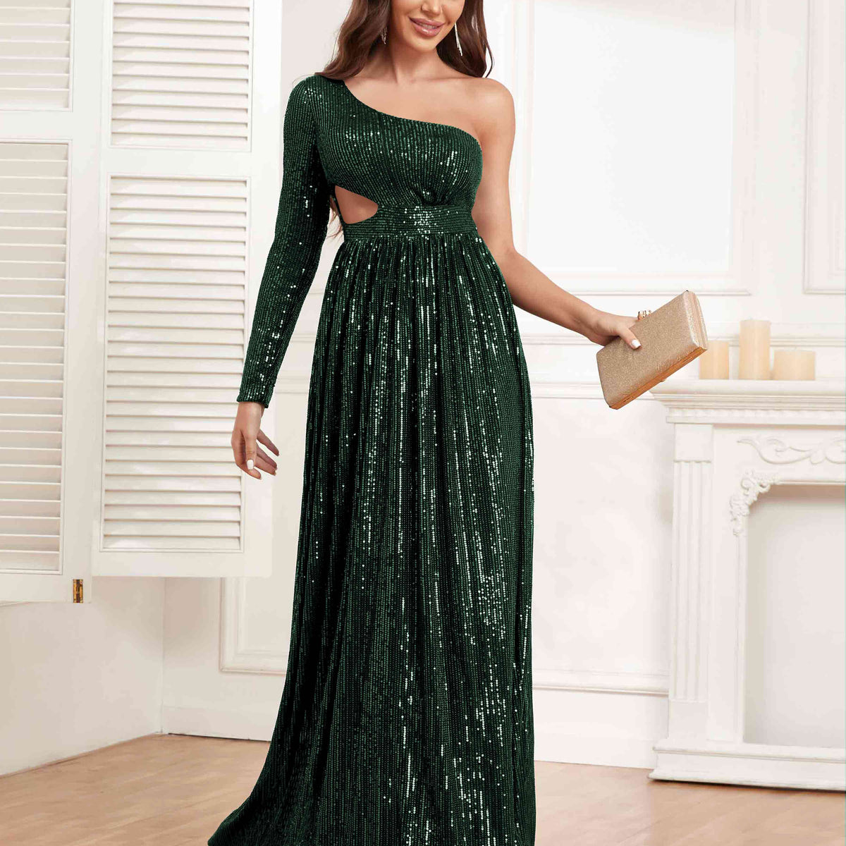 Alivia Glamorous One Shoulder Long Sleeve Cutout Waist Sequins Party Dresses, Navy Blue Alivia Glamorous One Shoulder Long Sleeve Cutout Waist Sequins Party Dresses, Navy Blue