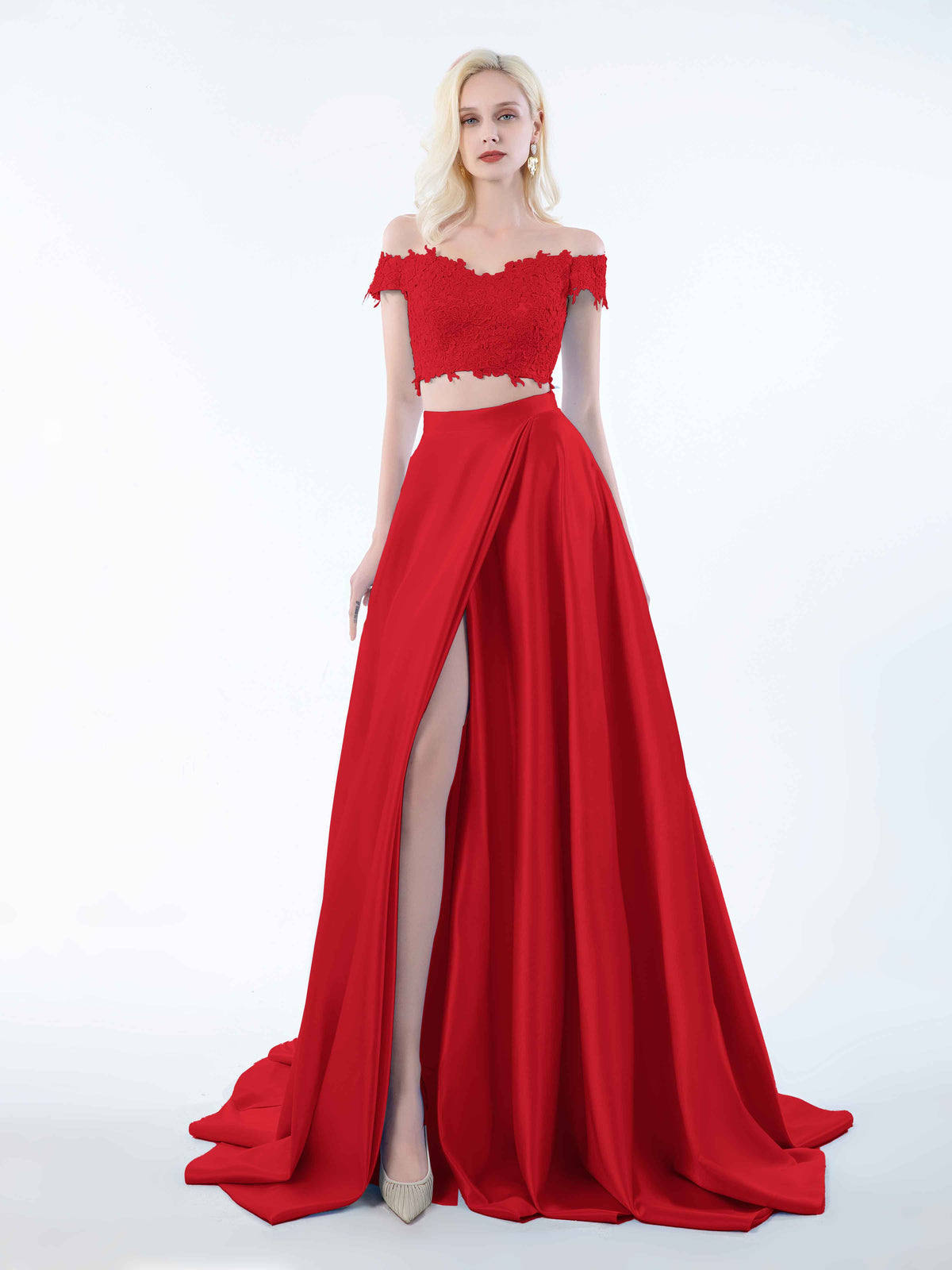 Off Shoulder Backless Satin Dress With Slit Fuchsia