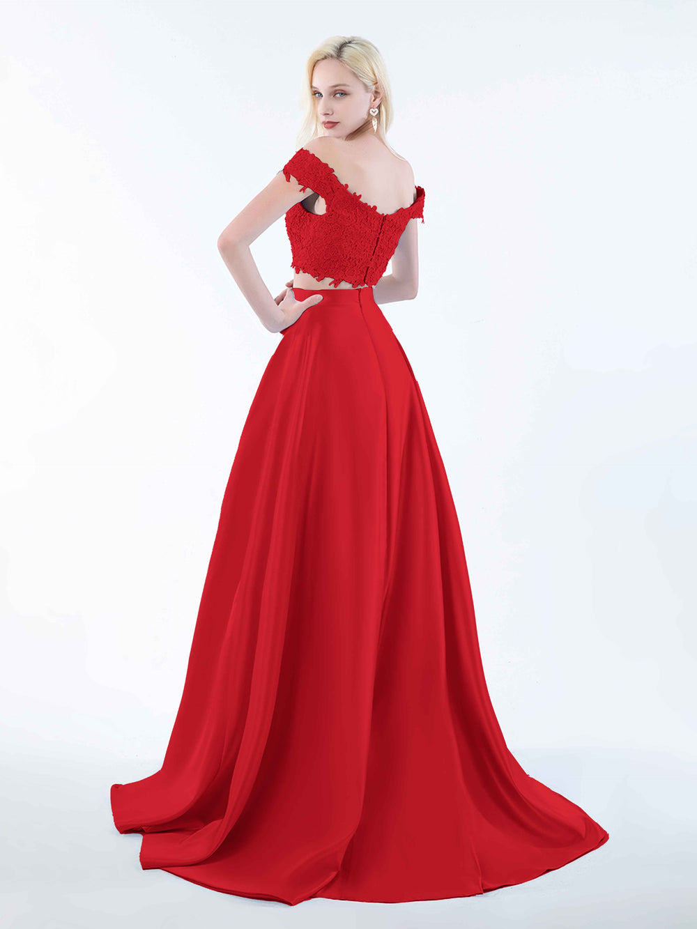 OFF THE SHOULDER SATIN & LACE DRESS