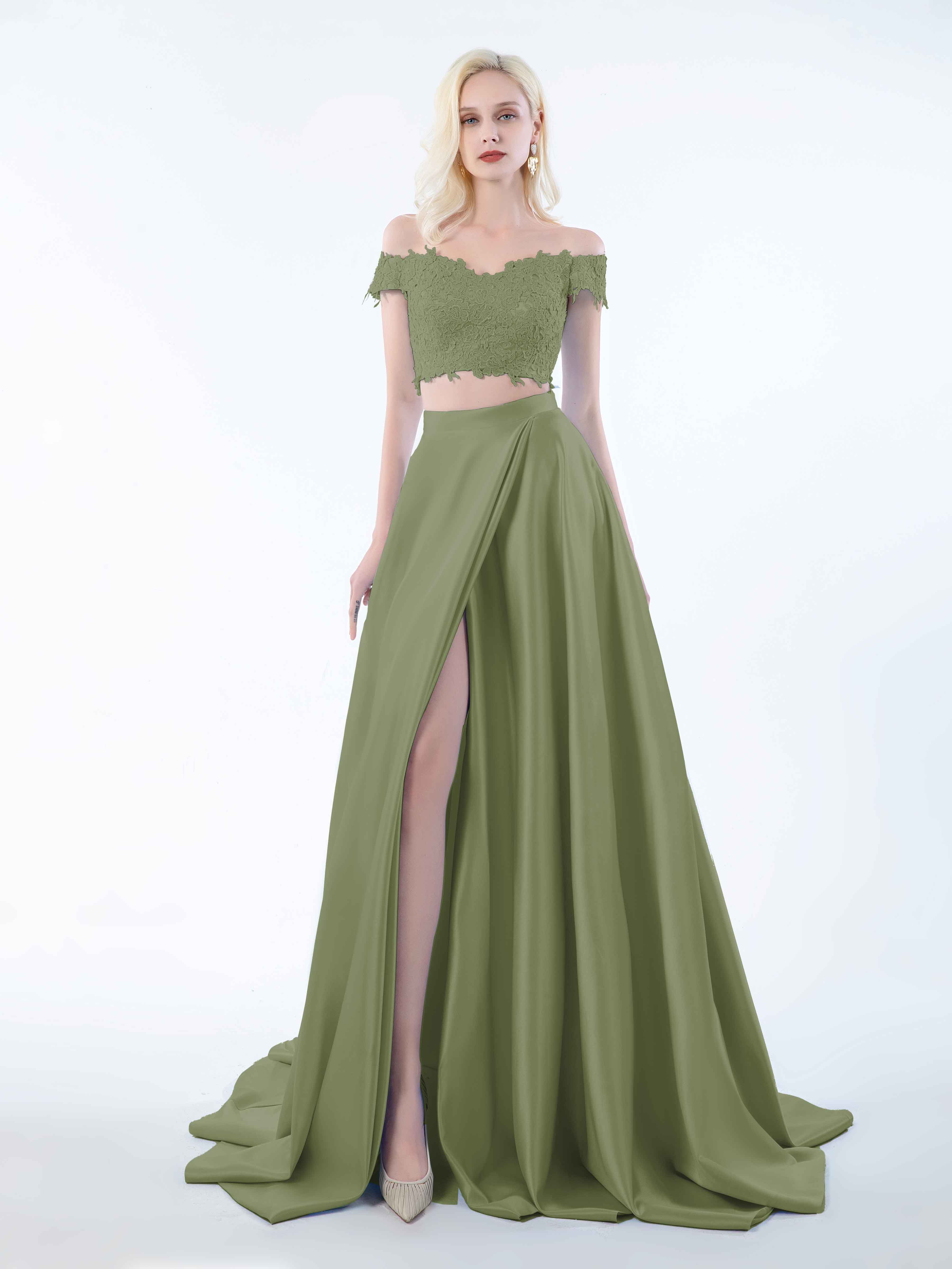 Pomuyoo Anastasia Two Piece Off The Shoulder Lace Satin Dress with Slit Olive Green