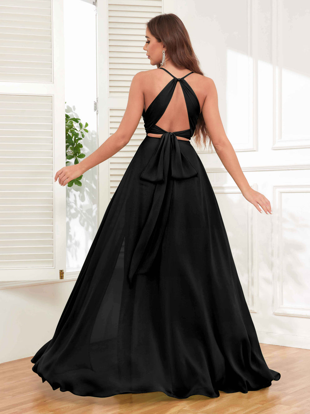 Halter Chiffon Bridesmaid Dress with Slit Taupe