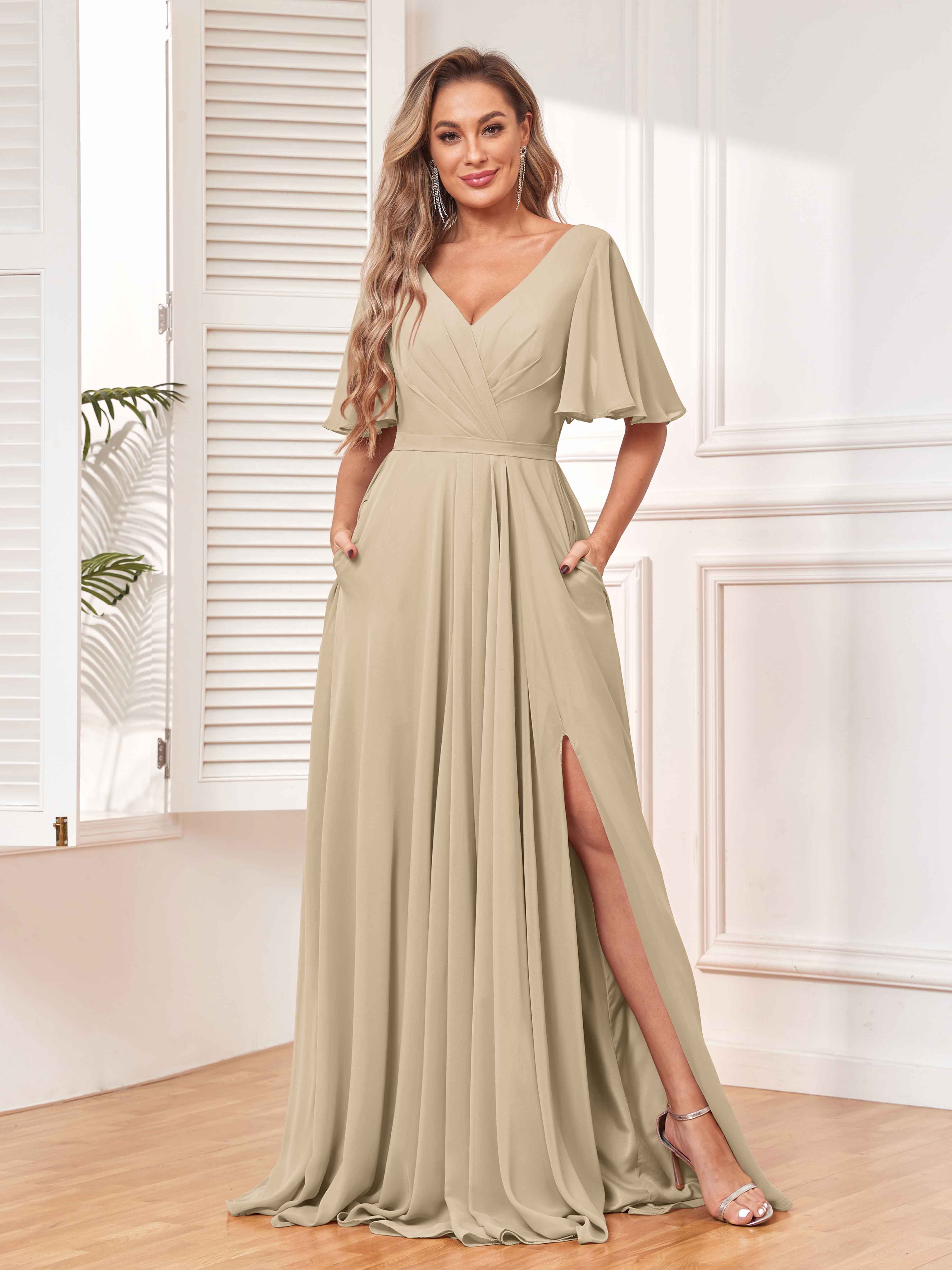 Champagne v on sale neck bridesmaid dresses