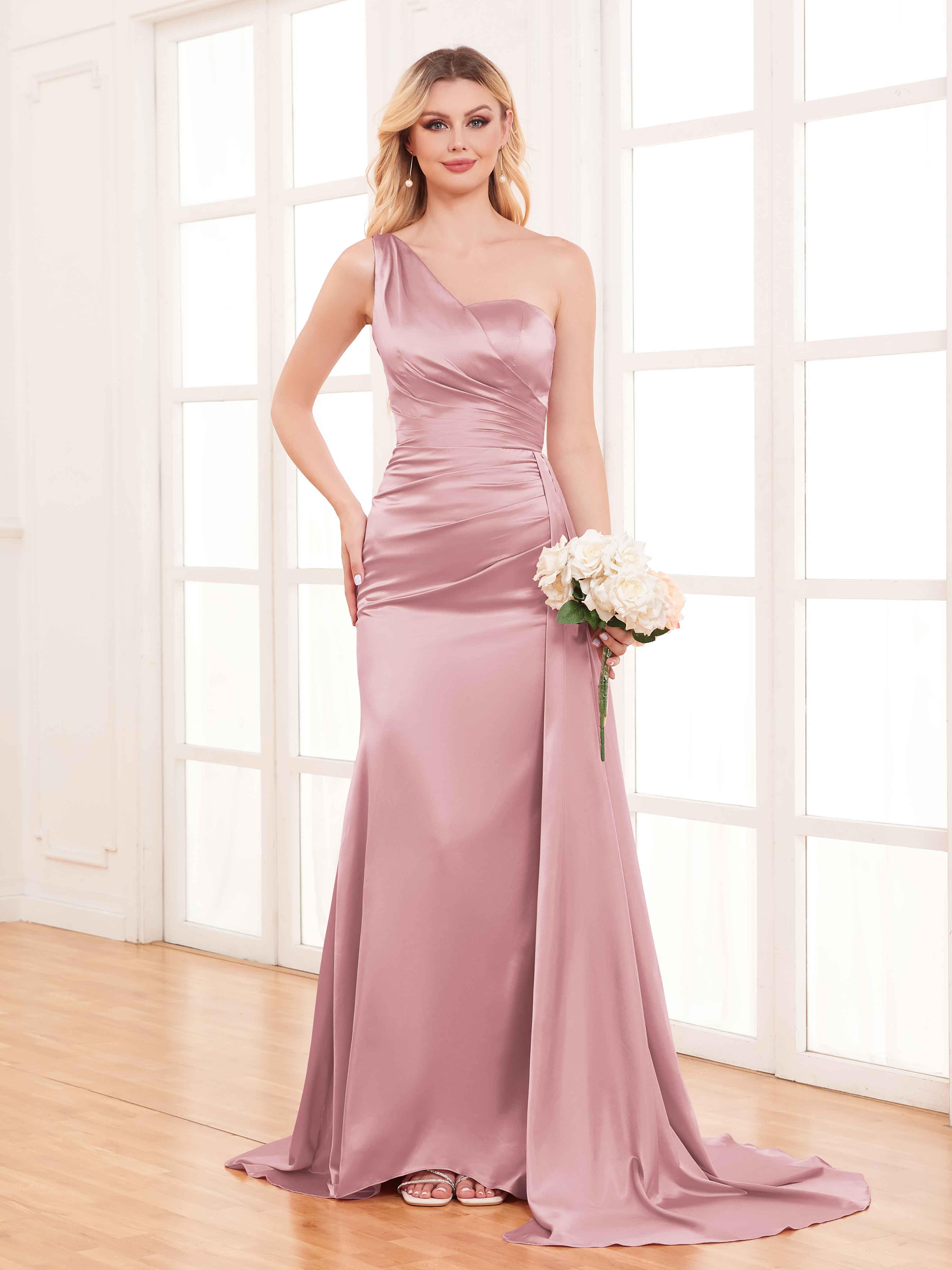 Blakely Sustainable Trumpet Brush Train Satin Bridesmaid Dresses