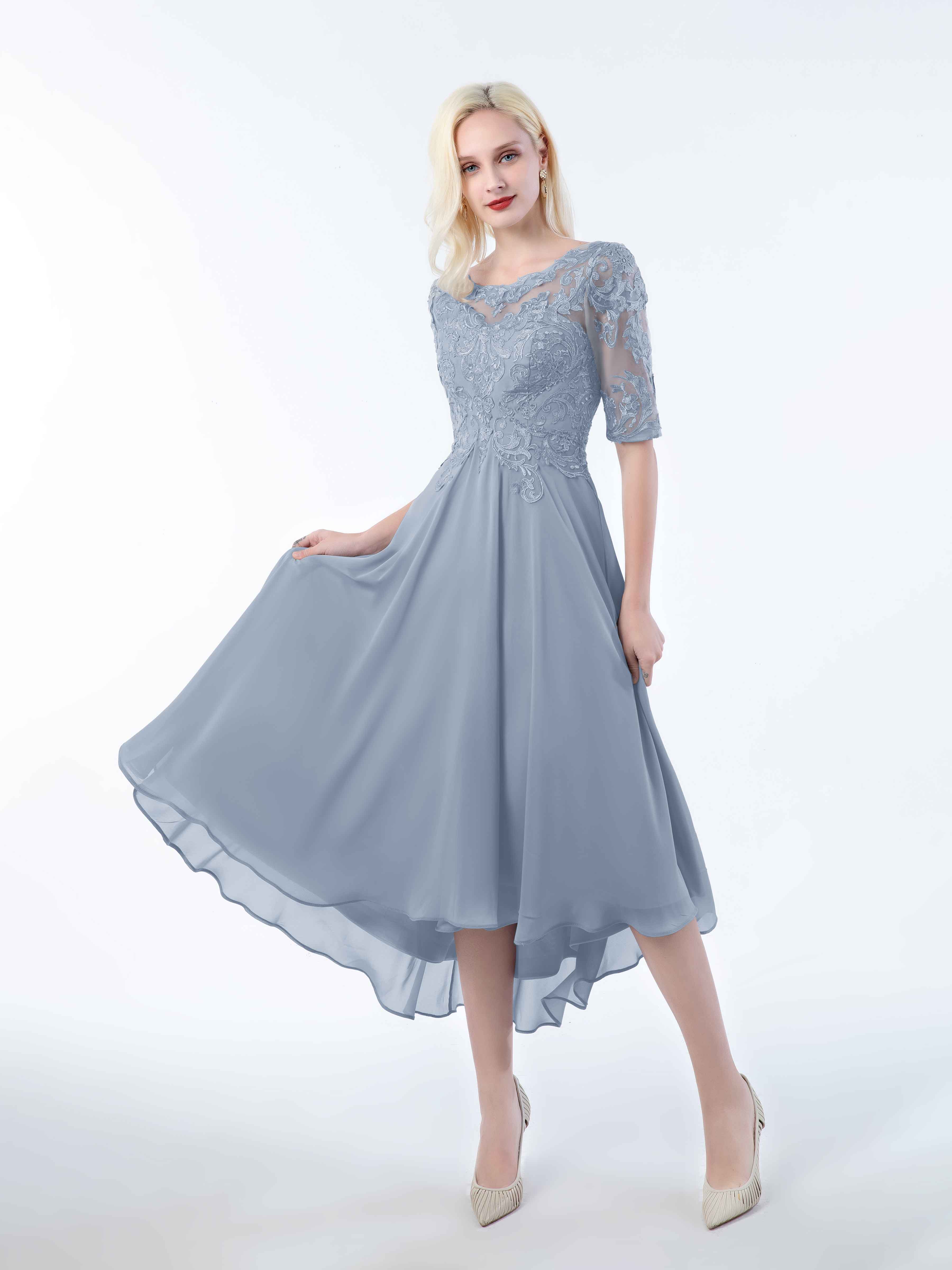 Brianna Elegant Half Sleeves Tea Length Lace Chiffon Bridesmaid Dresse