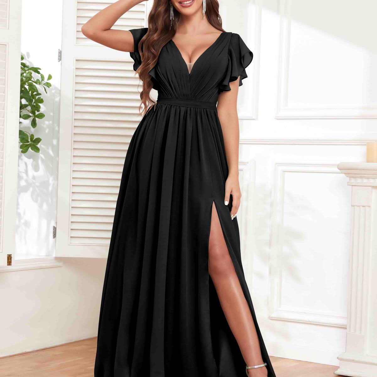 Camille Flowing Ruffles Sleeves With Pockets Long Chiffon Bridesmaid Dresses, Black