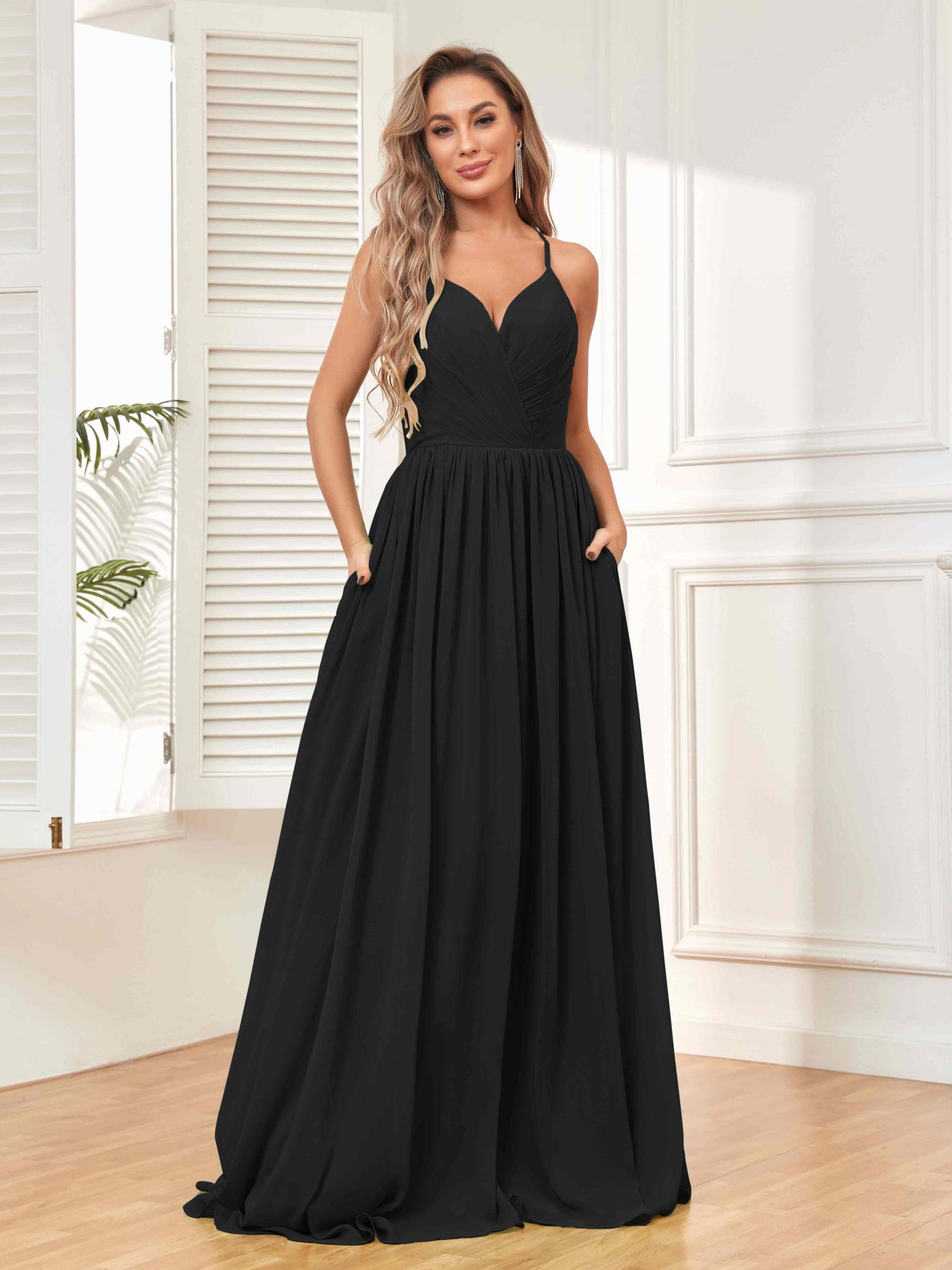 Spaghetti Straps A-line Floor-length Black Jersey Bridesmaid Dresses, BD0568