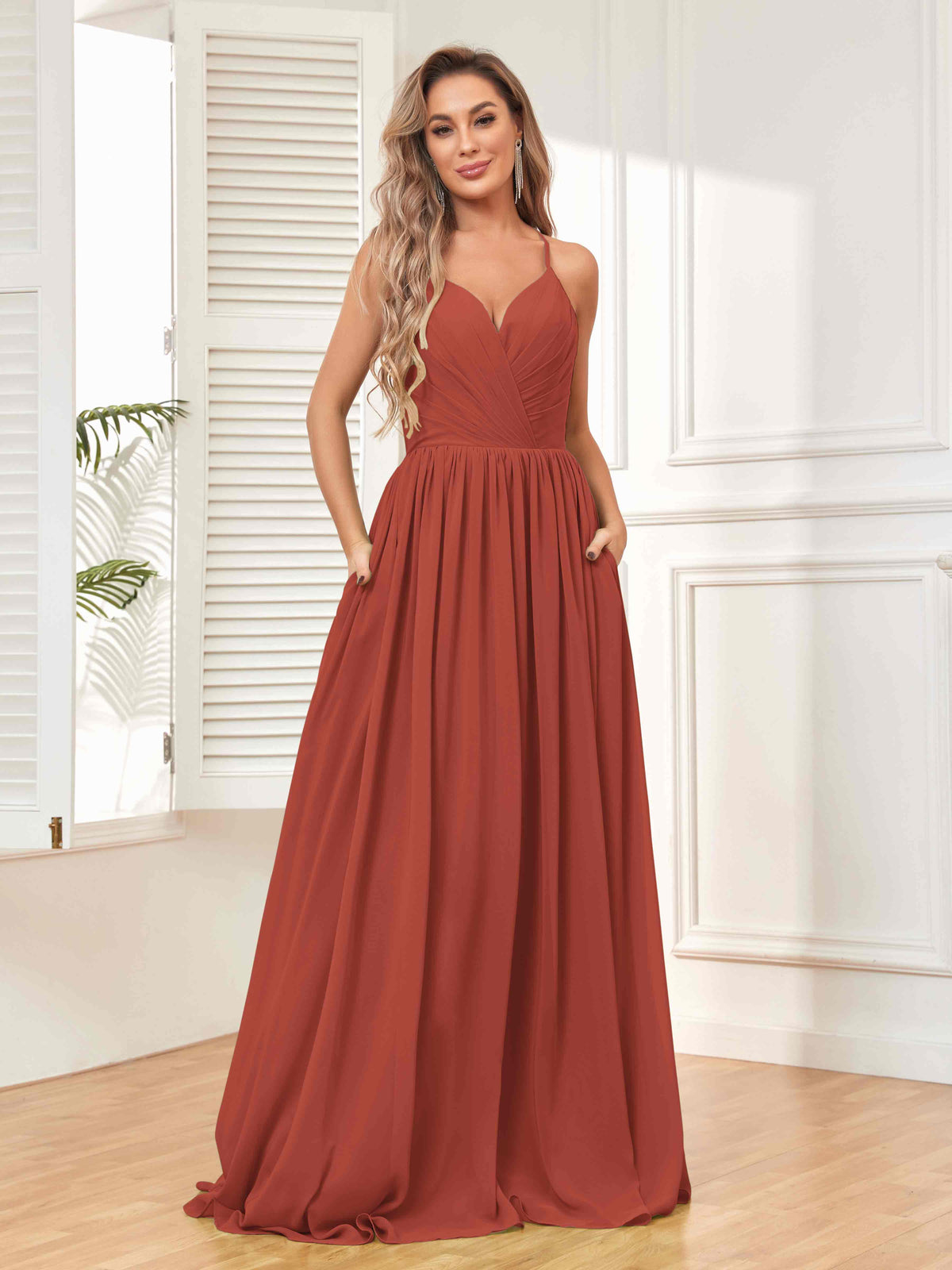 Short Bridesmaid Dress with Flutter Sleeves Rust
