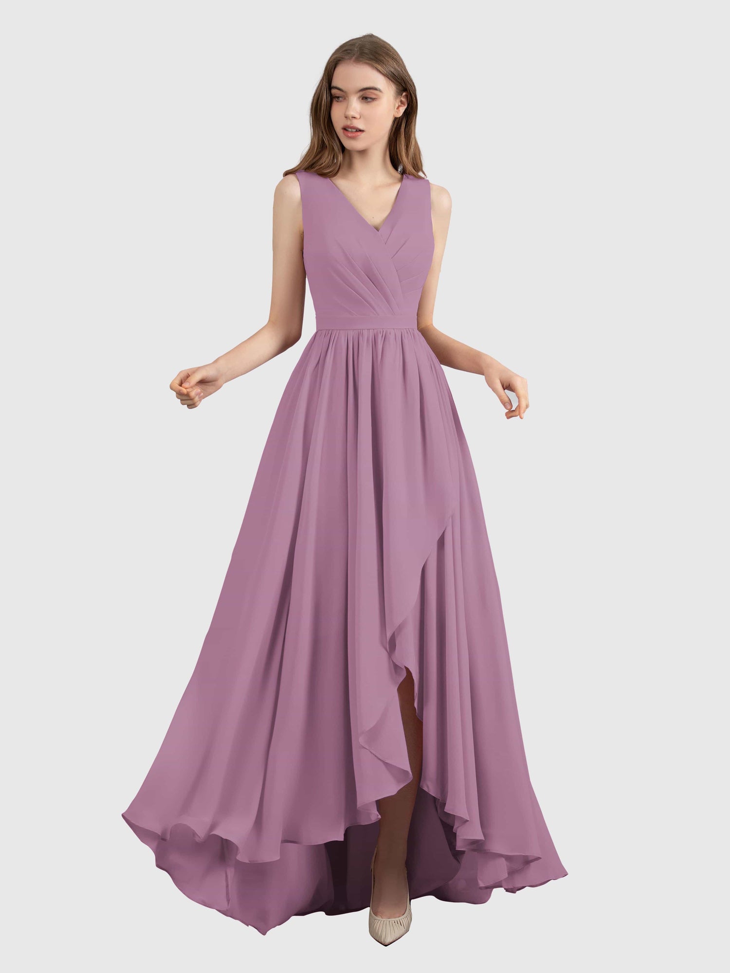 Charlotte V-Neck High Low Bridesmaid Dresses with Pockets