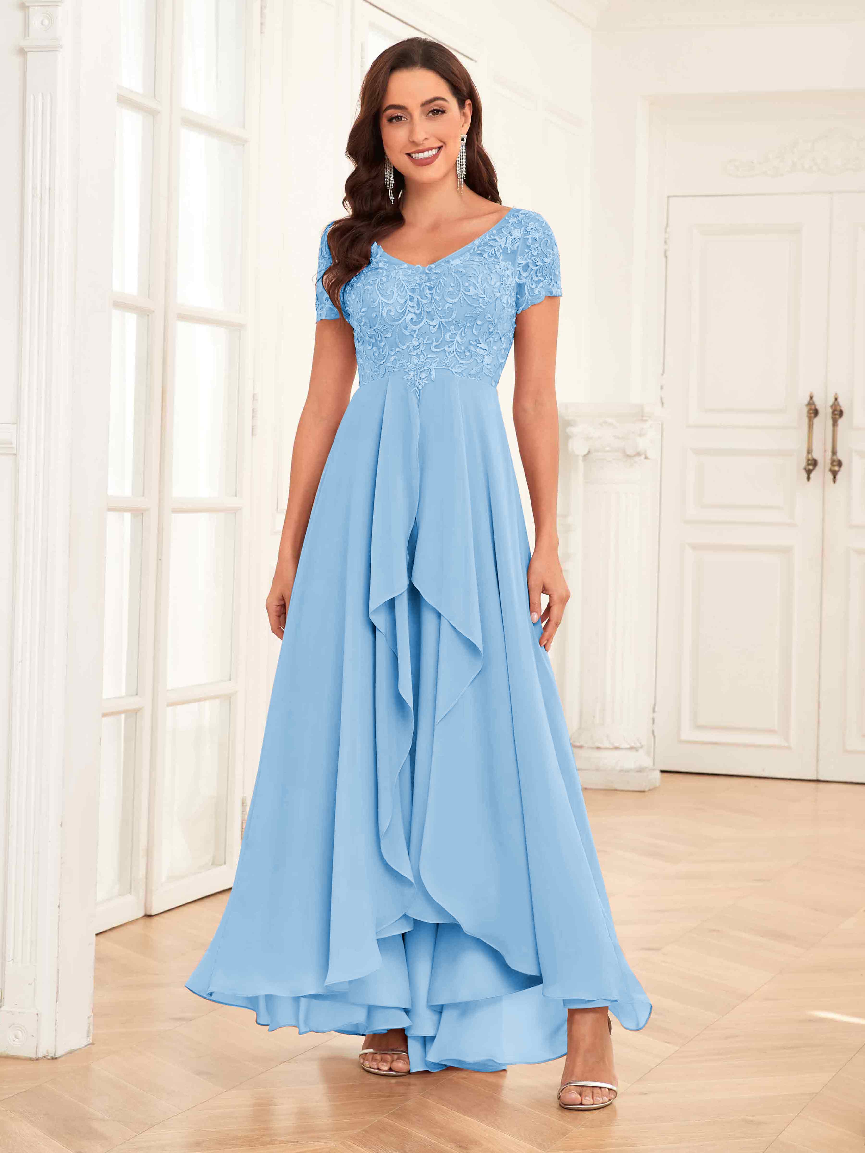 Dakota Sophisticated V Neck Corset Back Chiffon Mother of The Bride Dresses Light Blue