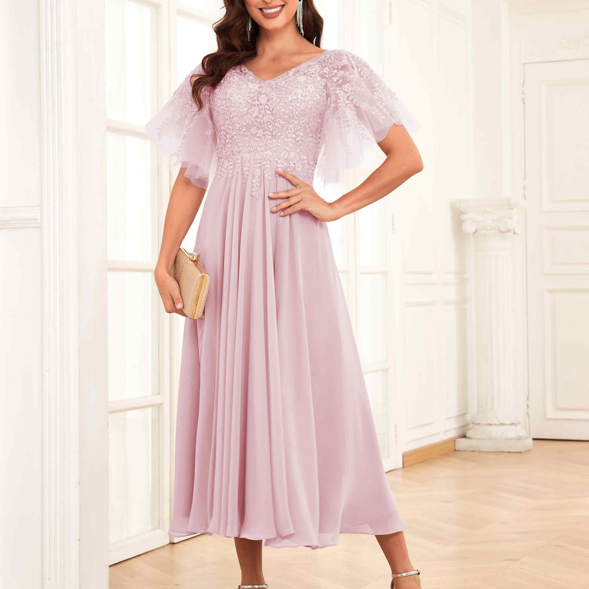 Daniela Lace Appliques Short Sleeves Tea Length Mother of The Bride Dresses, Blushing Pink