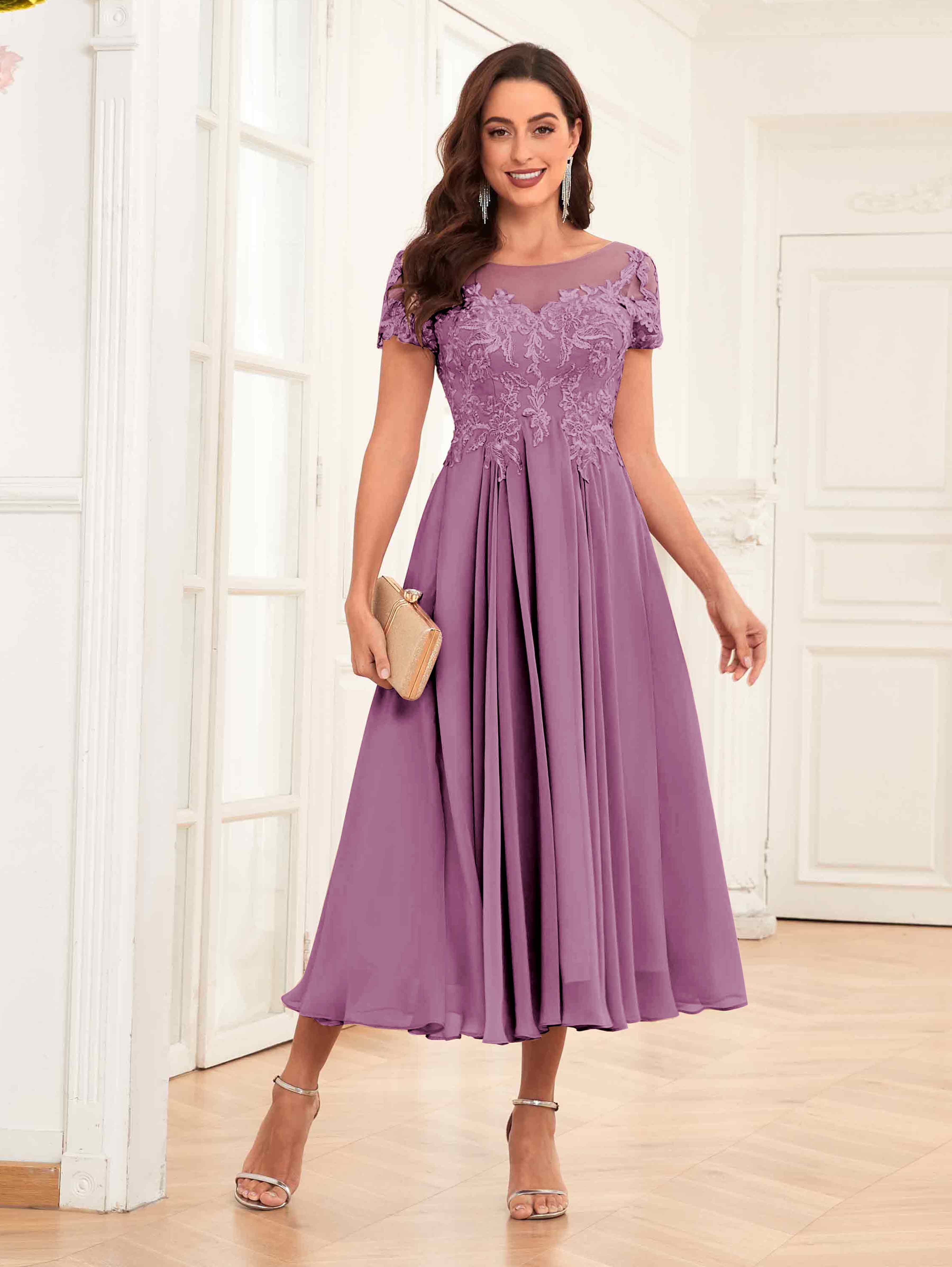 Purple mother of the bride dresses tea length hotsell