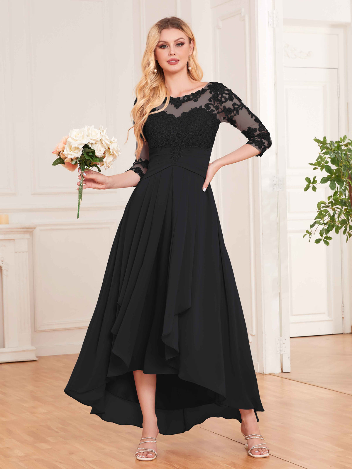 Emersyn Elegant Illusion Half Sleeves High Low Lace Bridesmaid Dresses