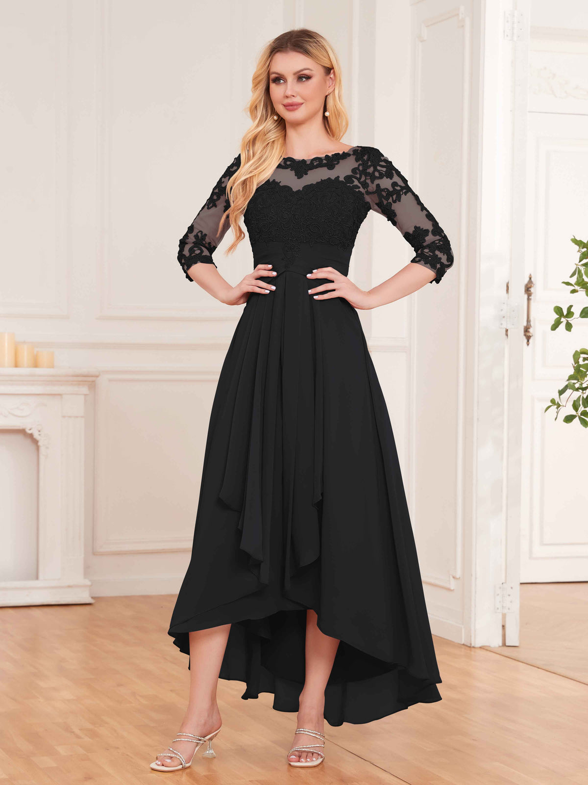Emersyn Elegant Illusion Half Sleeves High Low Lace Bridesmaid Dresses