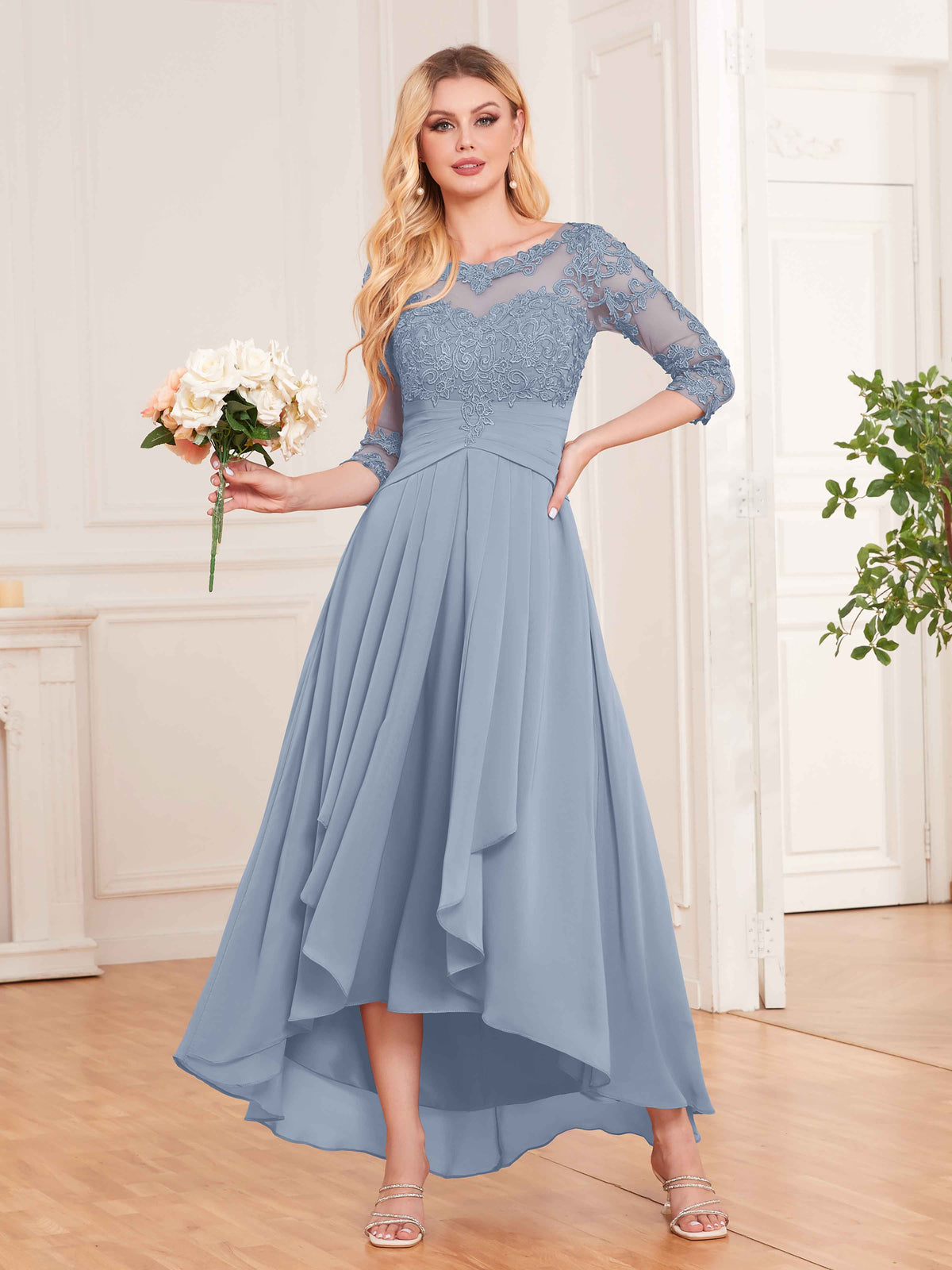 A-line 3/4 Sleeves High Low Lace Appliques Satin Mother Of The  Groom Dress